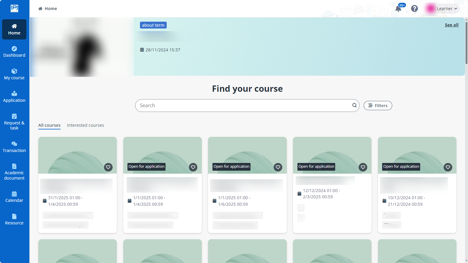 The learner portal homepage.