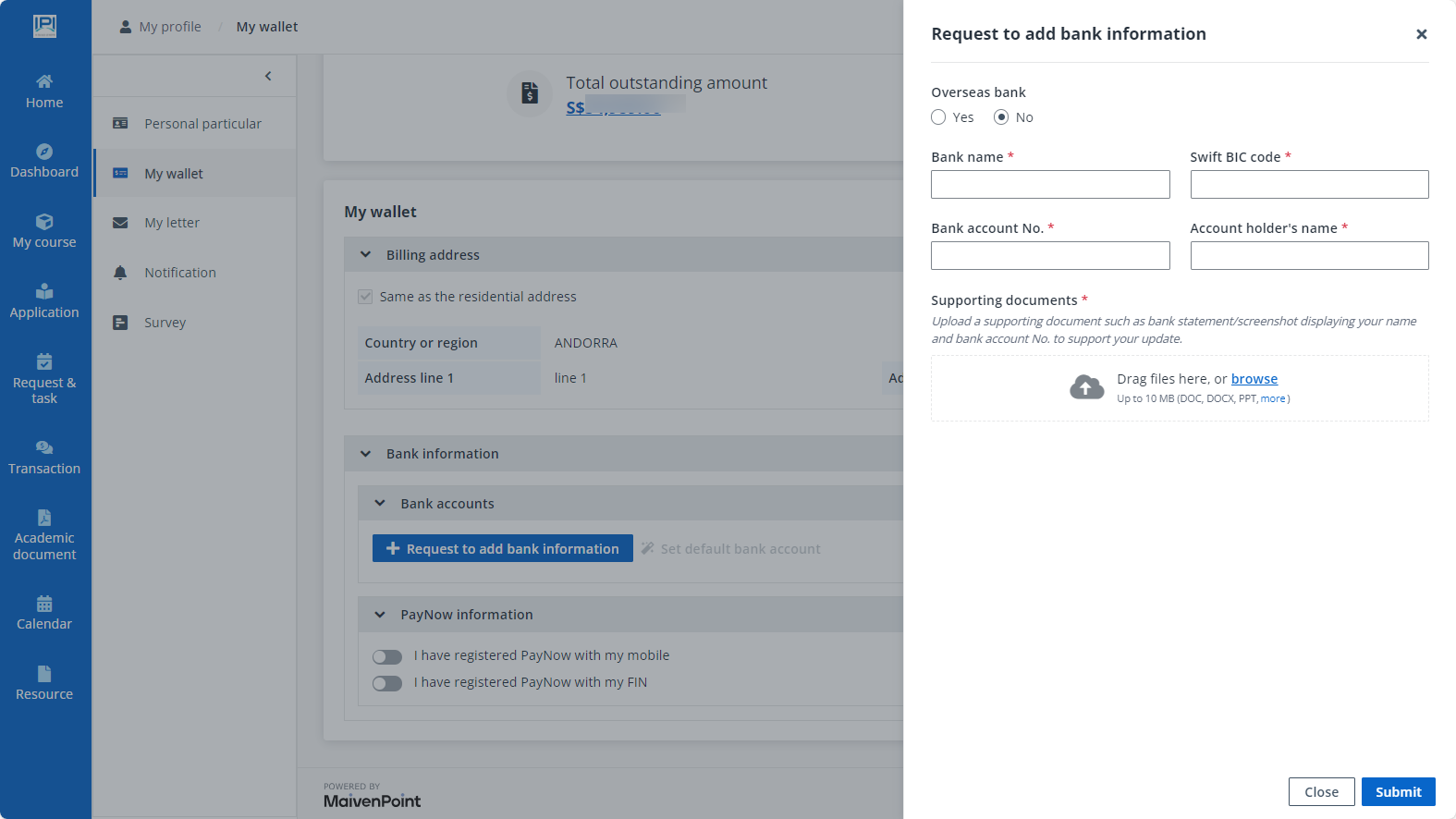 Request to add bank information.