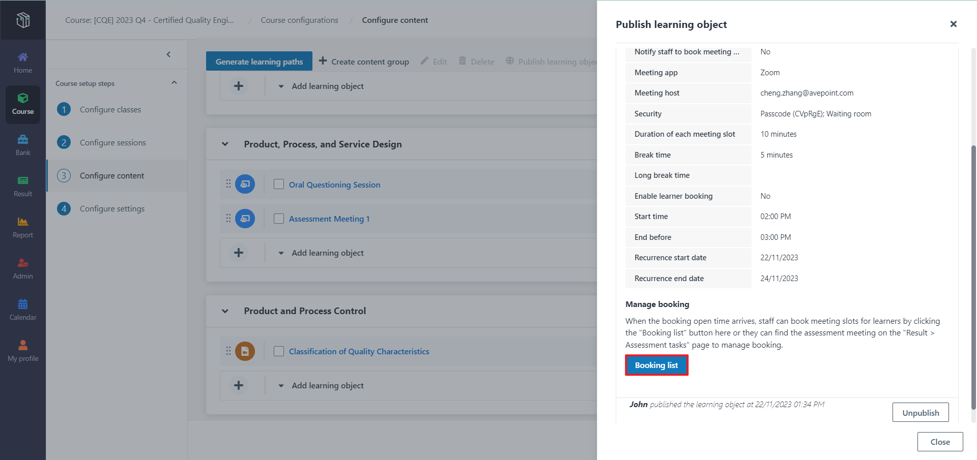 The Publish learning object panel.