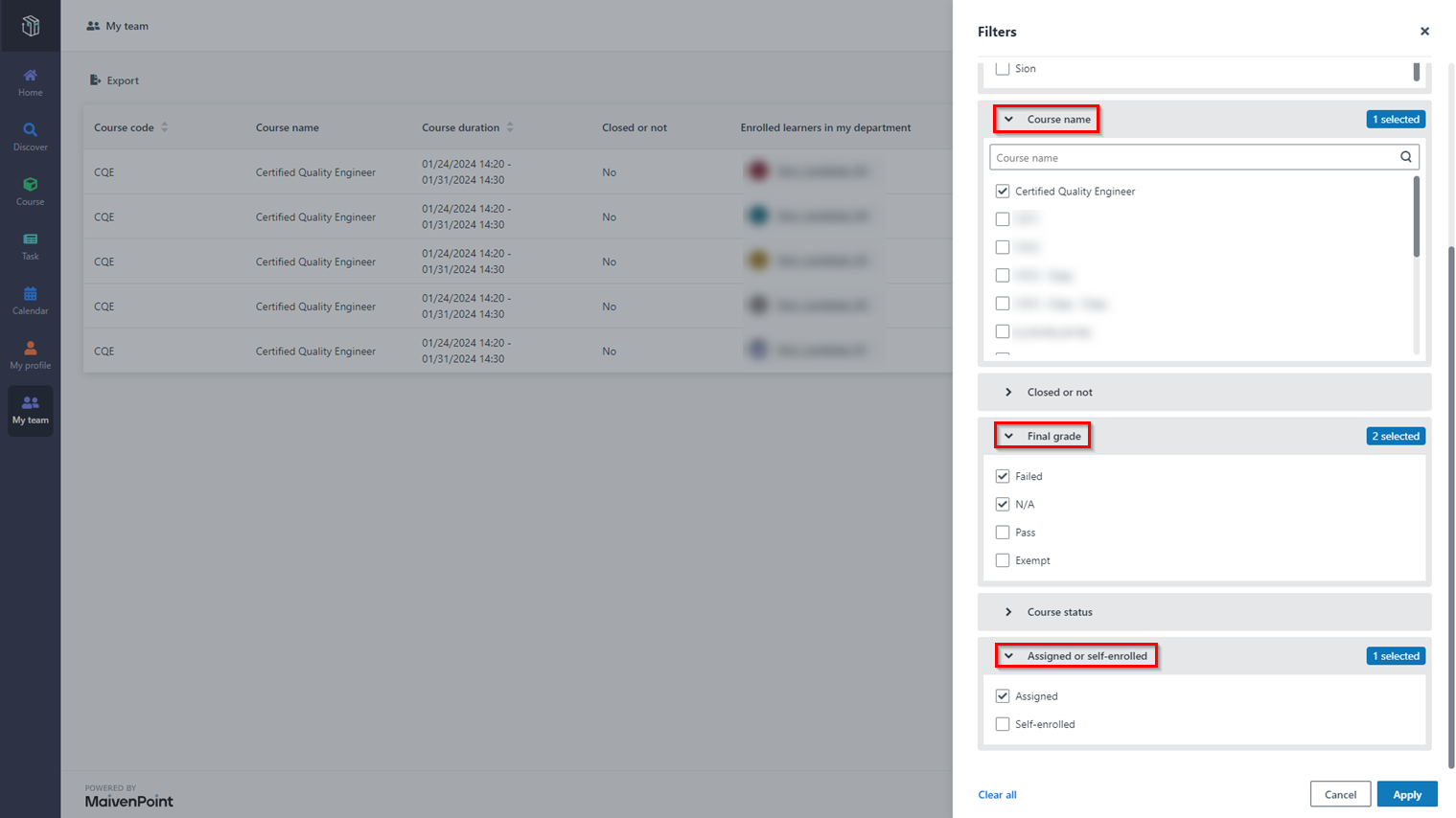 Configure filter selection.