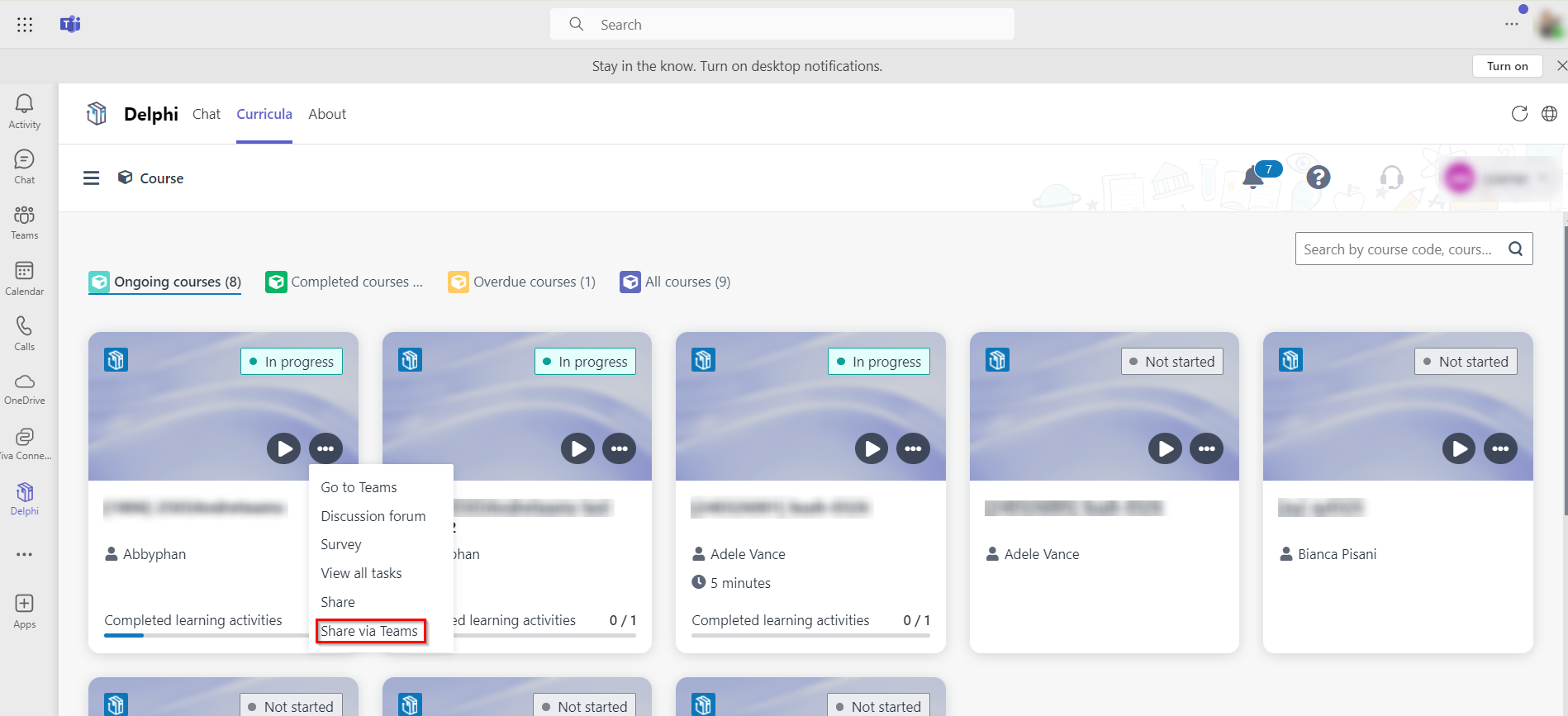 Click Share via Teams on course card.