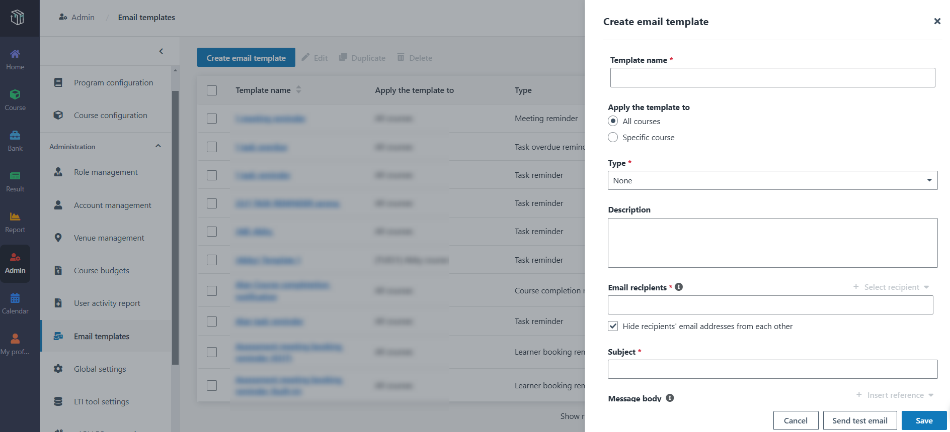 The Create email template panel.