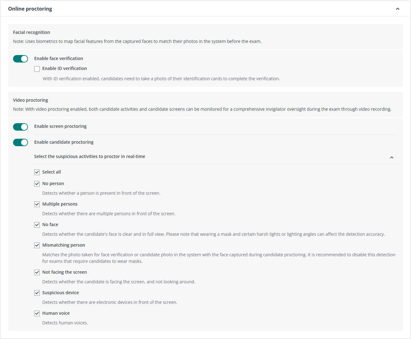 Online proctoring settings.