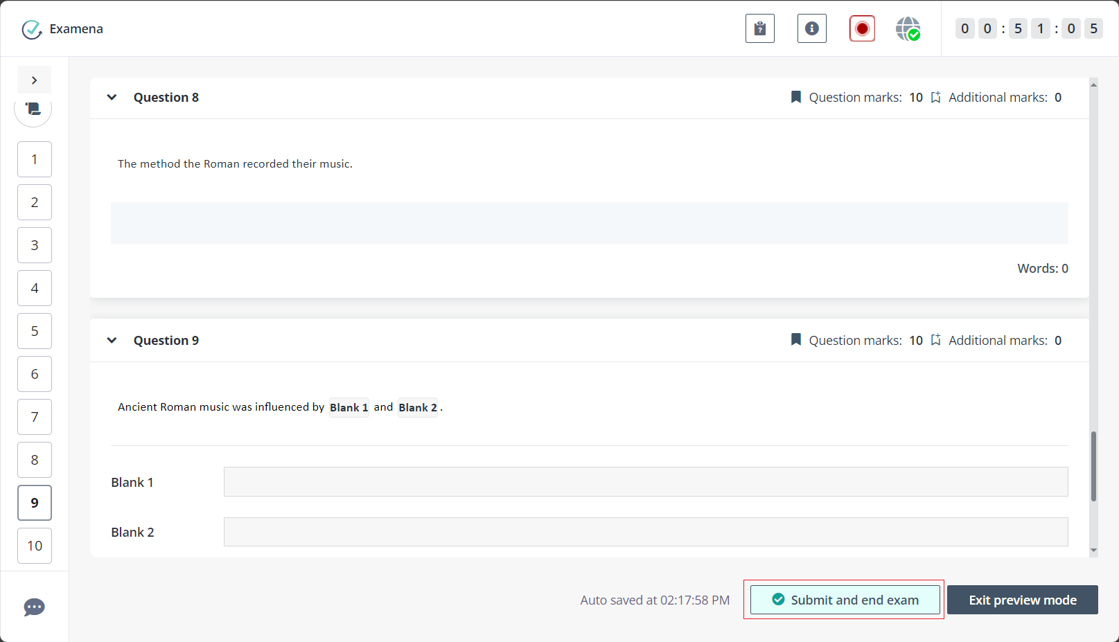 Submit and end exam.