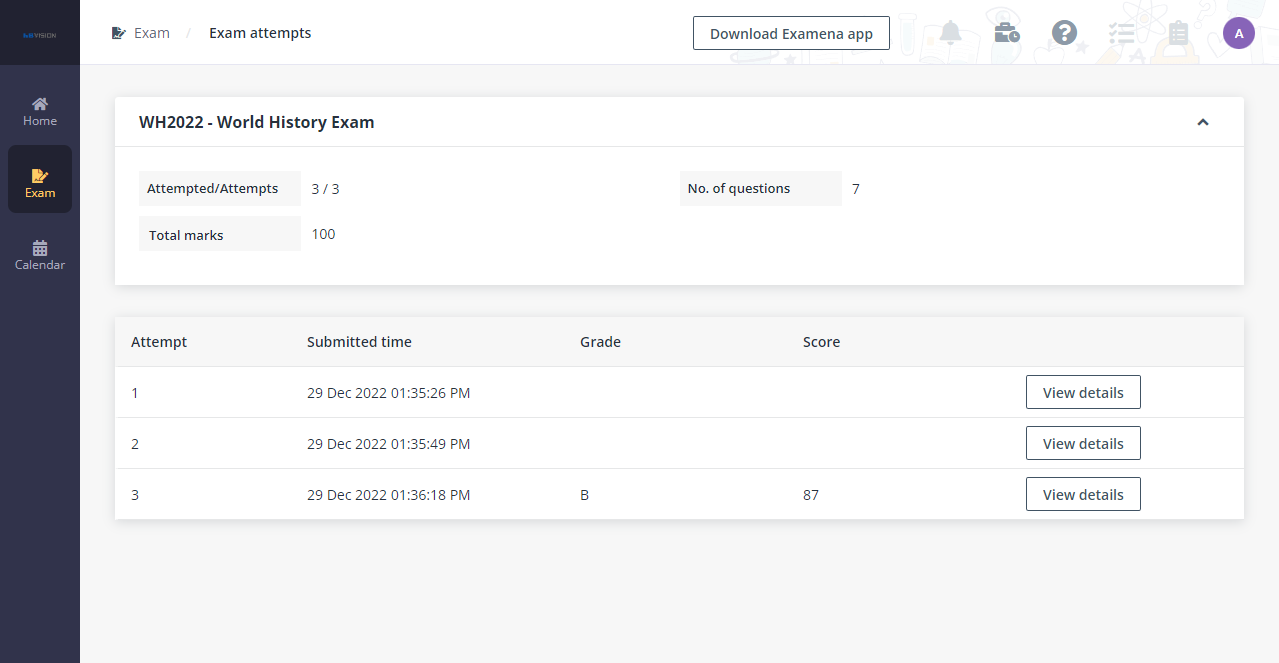 The Exam attempts page.