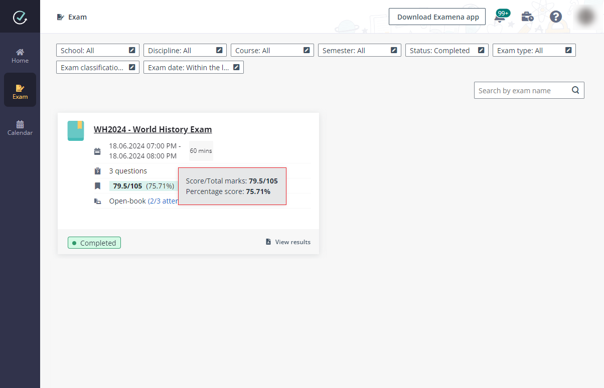 View published exam results on the exam card.