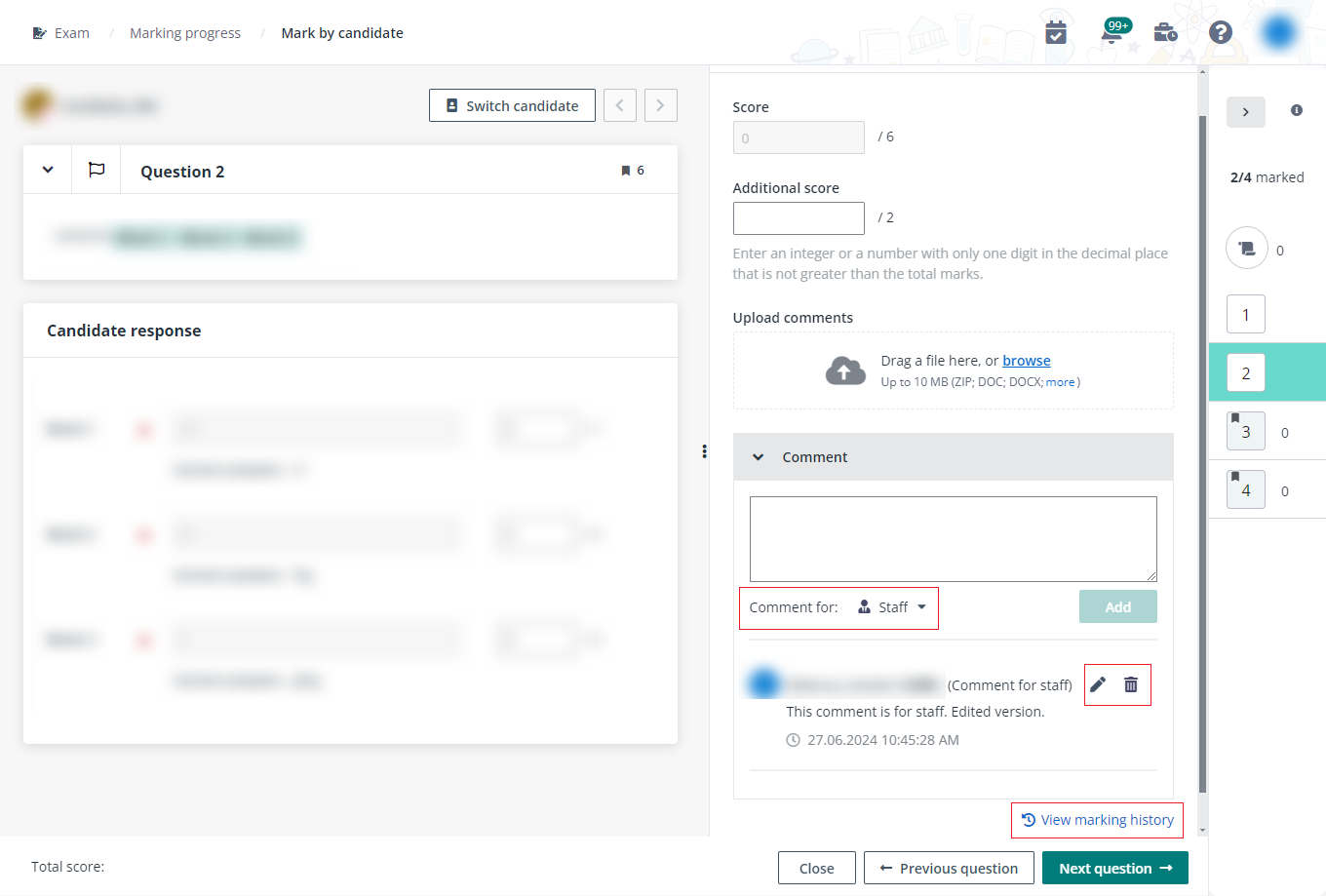 Manage your comments and view marking history.