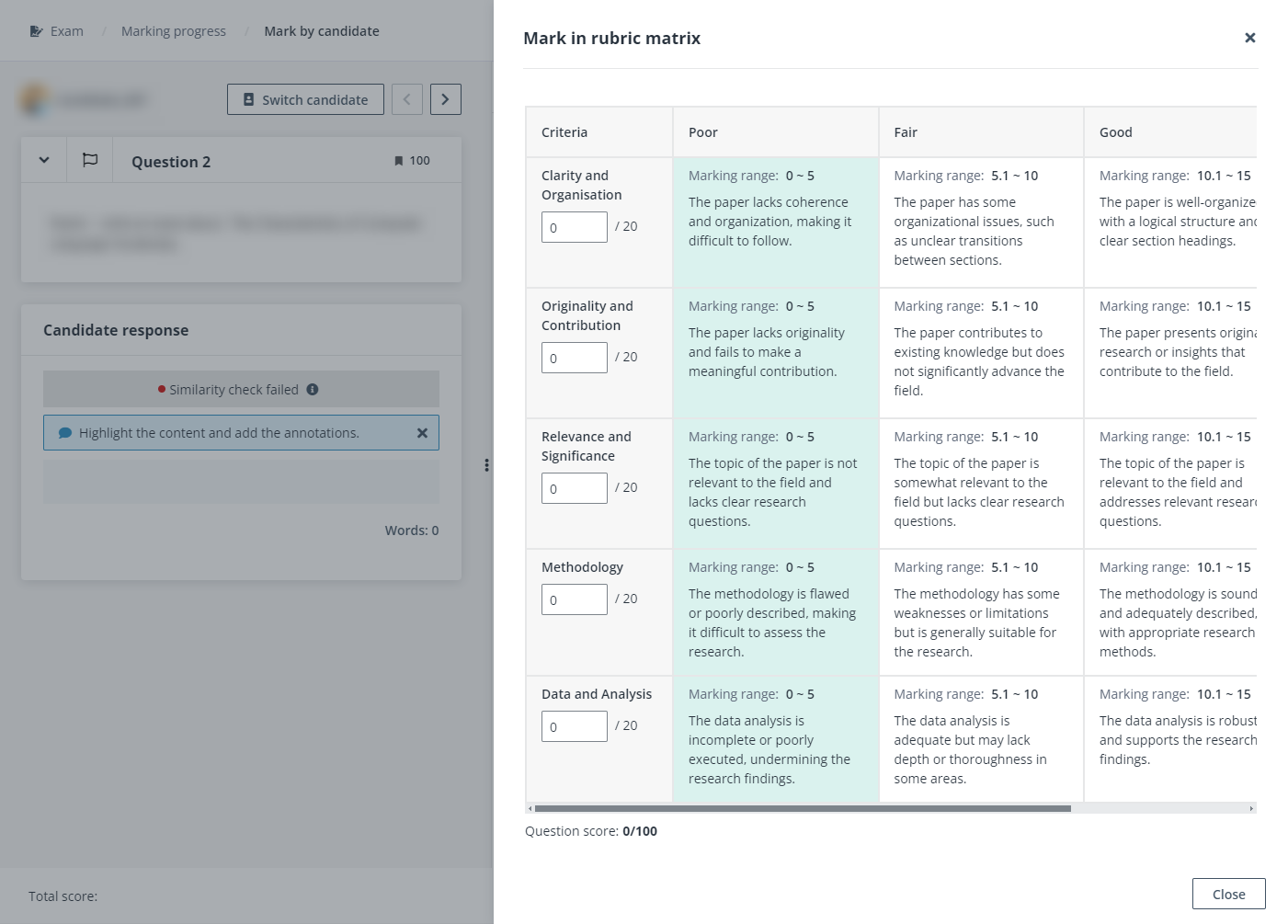Mark in rubric matrix.