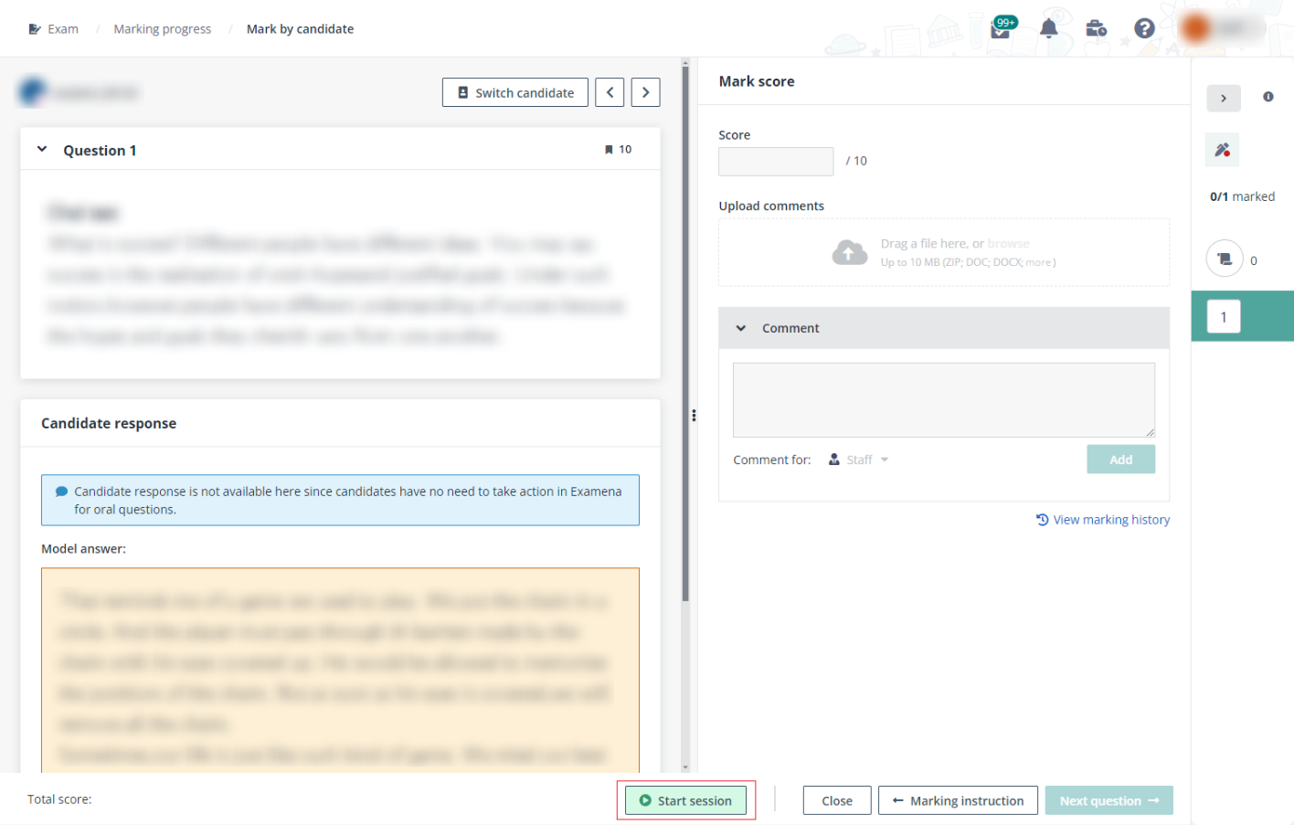 Start session for a candidate.