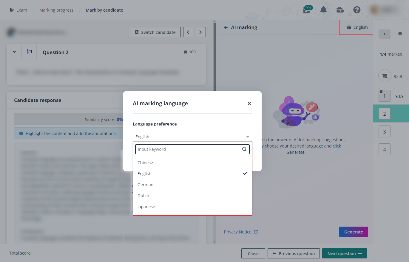 Select a language for AI marking.