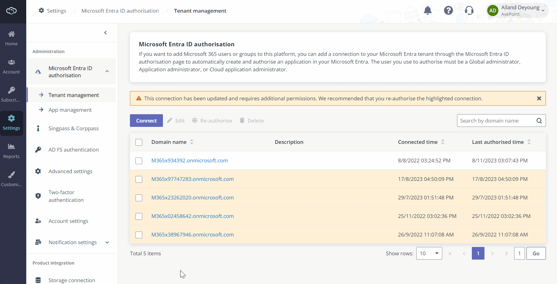 Re-authorise the tenant connection.