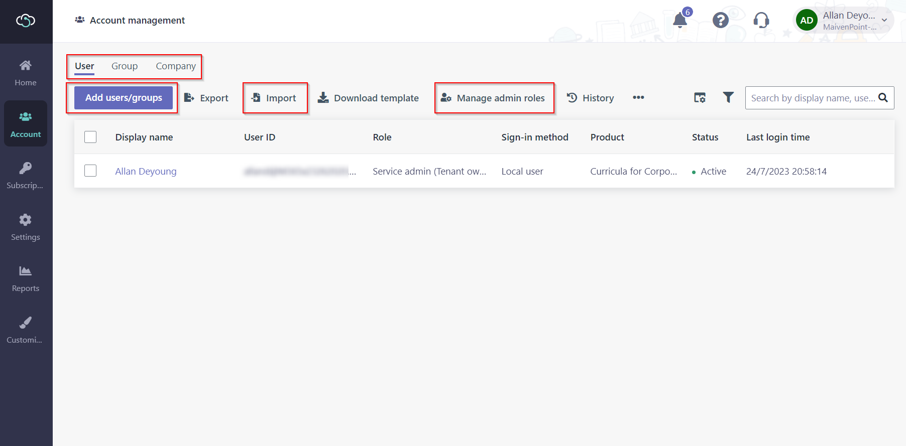 The Account management page.