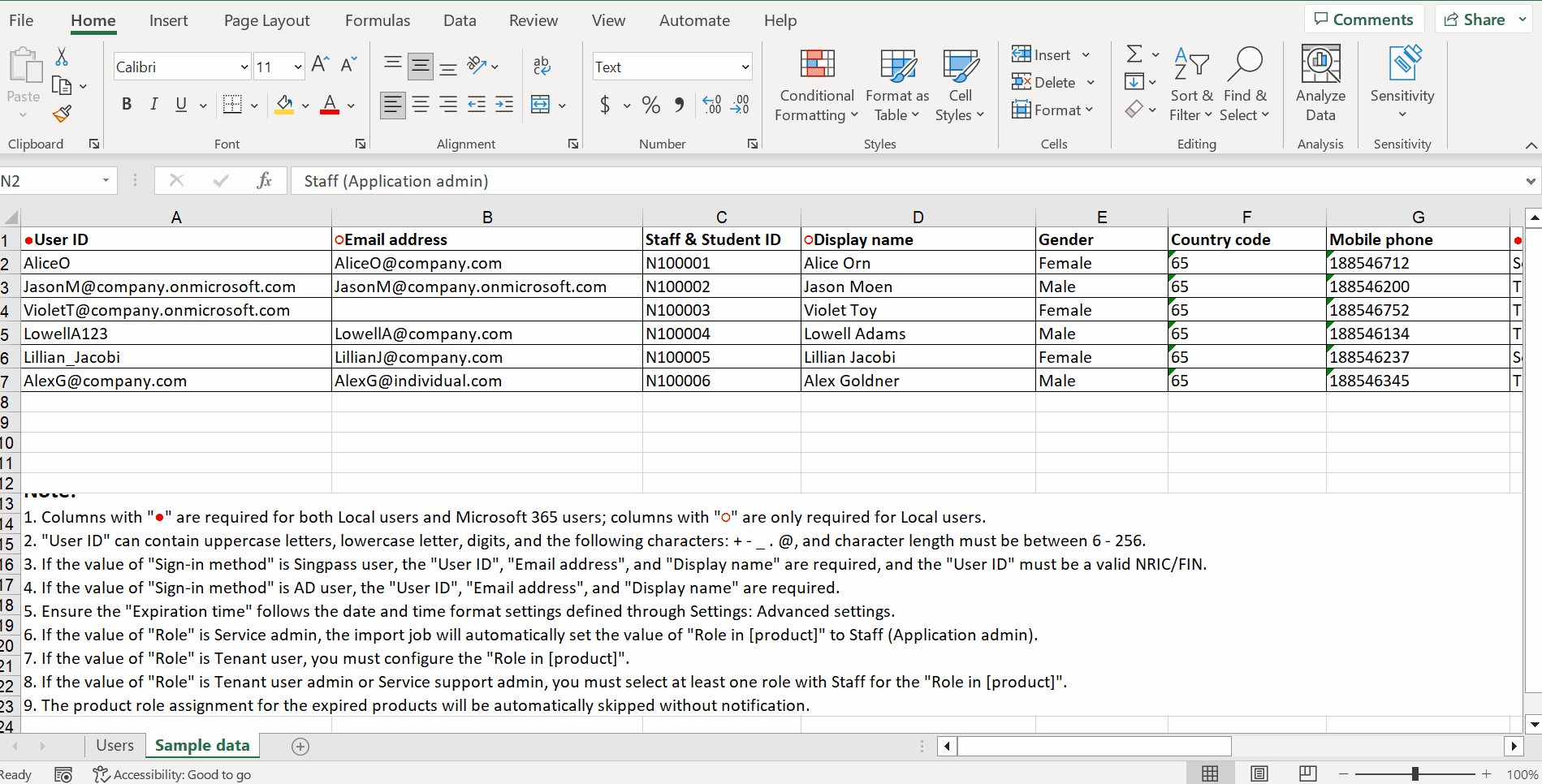 Provide information in Excel for bulk importing user accounts.