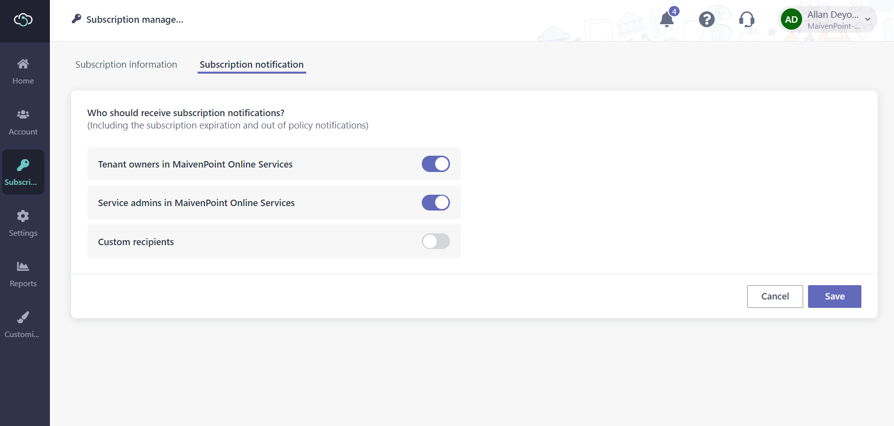 The Subscription notification tab.