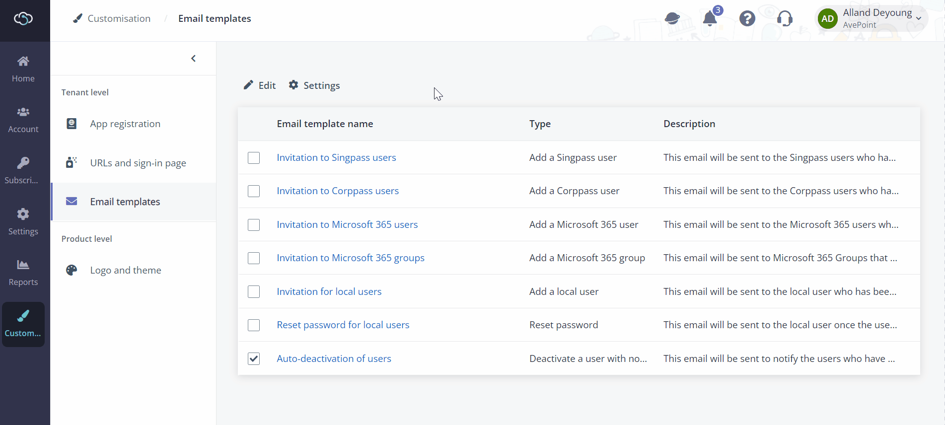 Edit the settings for Email templates.