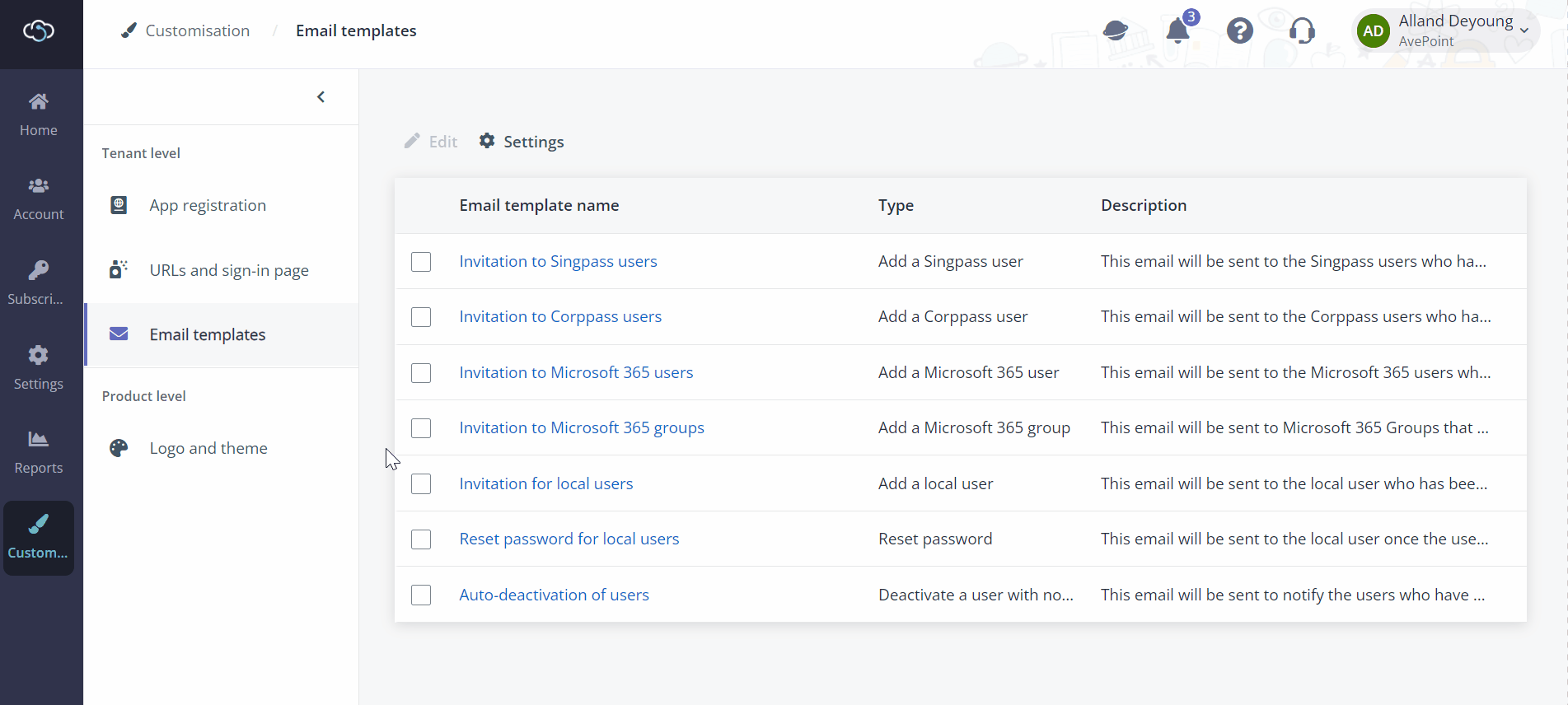 Configure email templates.