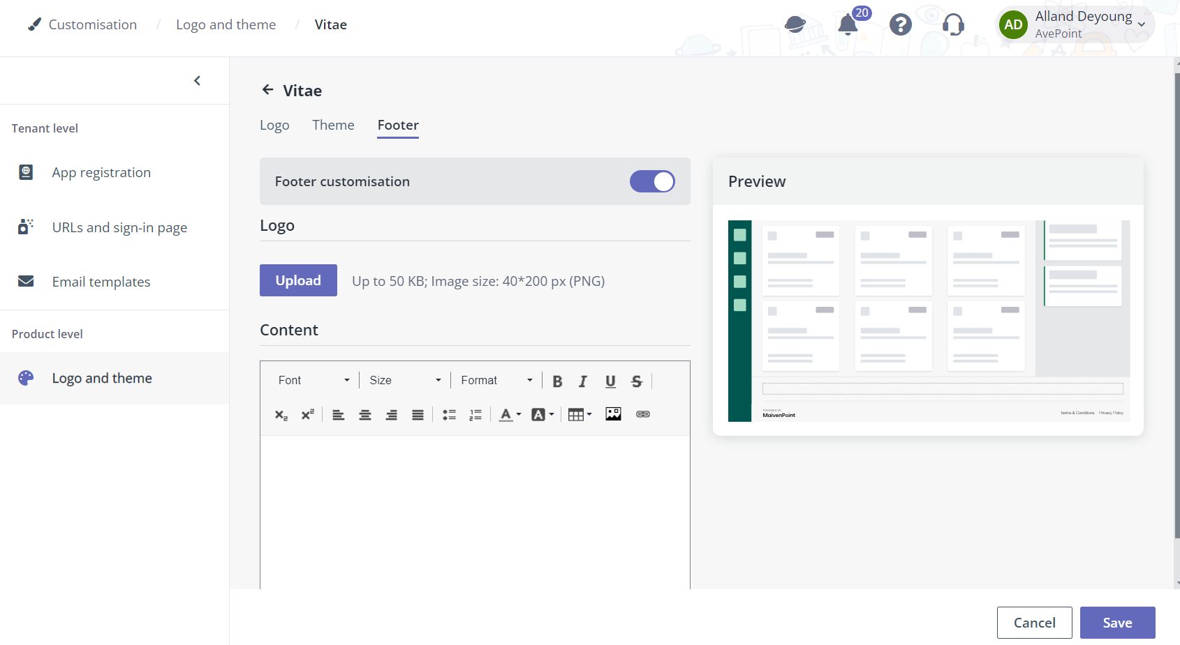 Configure a custom footer for Vitae portals.