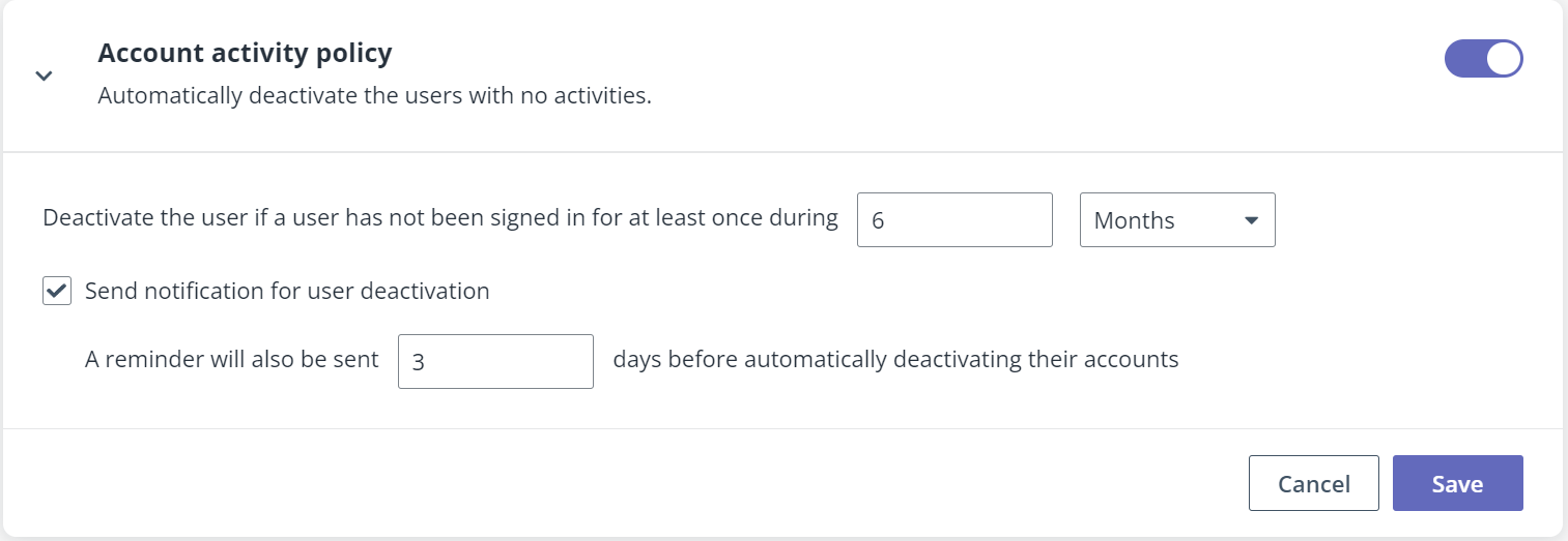 Configure account activity policy.
