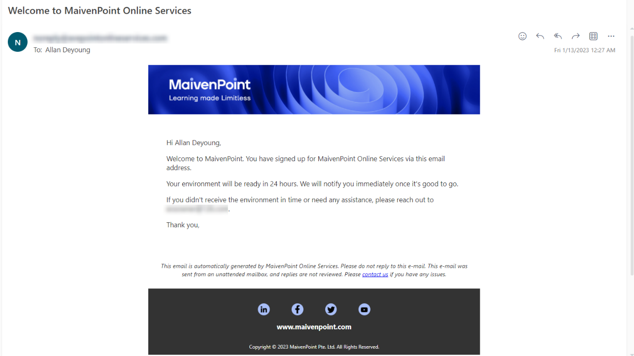 The Welcome to MaivenPoint Online Services email notification.