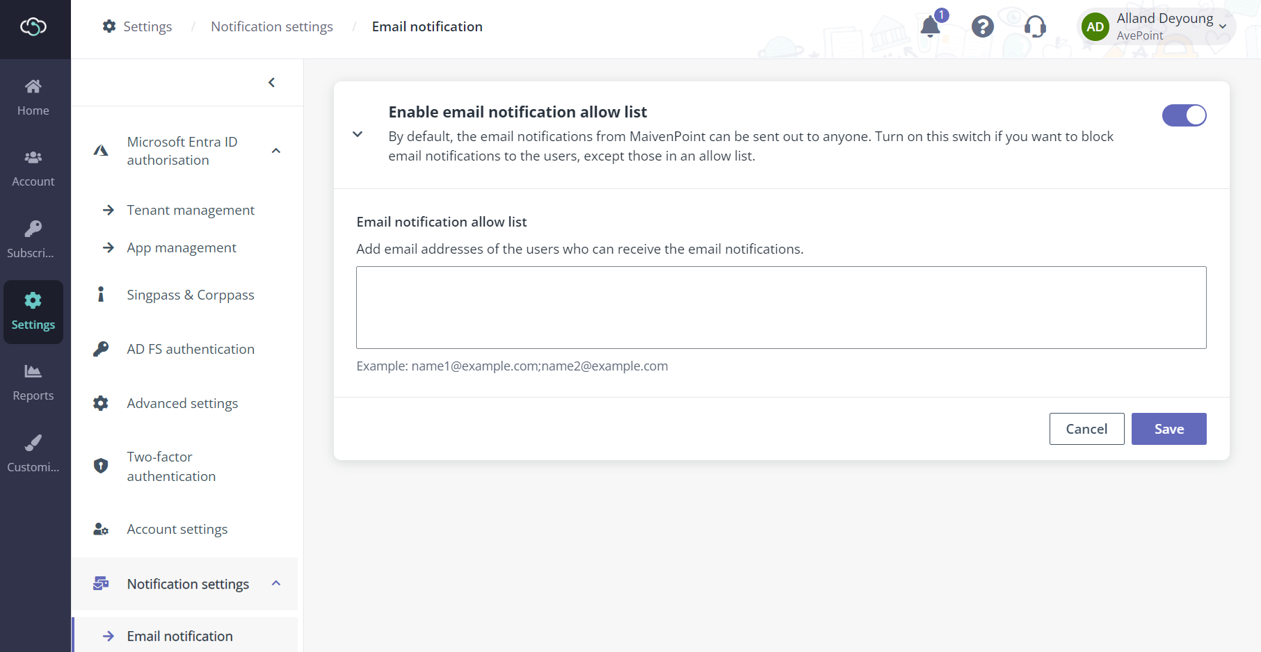 Email notification allow list.