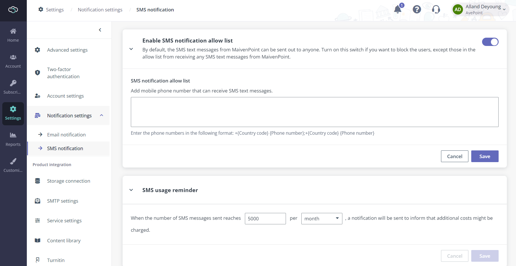 SMS notification allow list and usage reminder setting.
