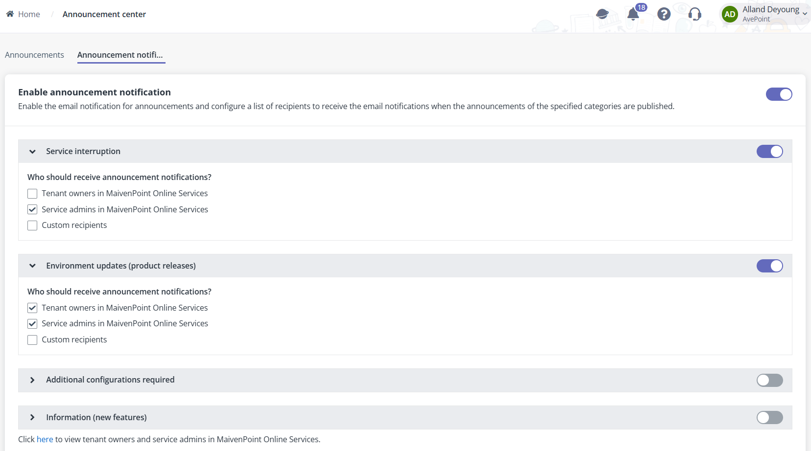 Specify the recipients for each announcement category.
