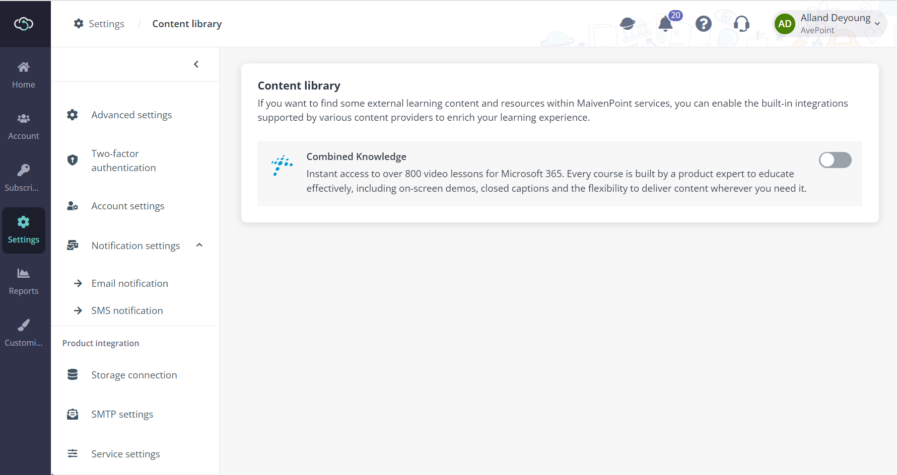 Enable the Combined Knowledge integration for Content library.