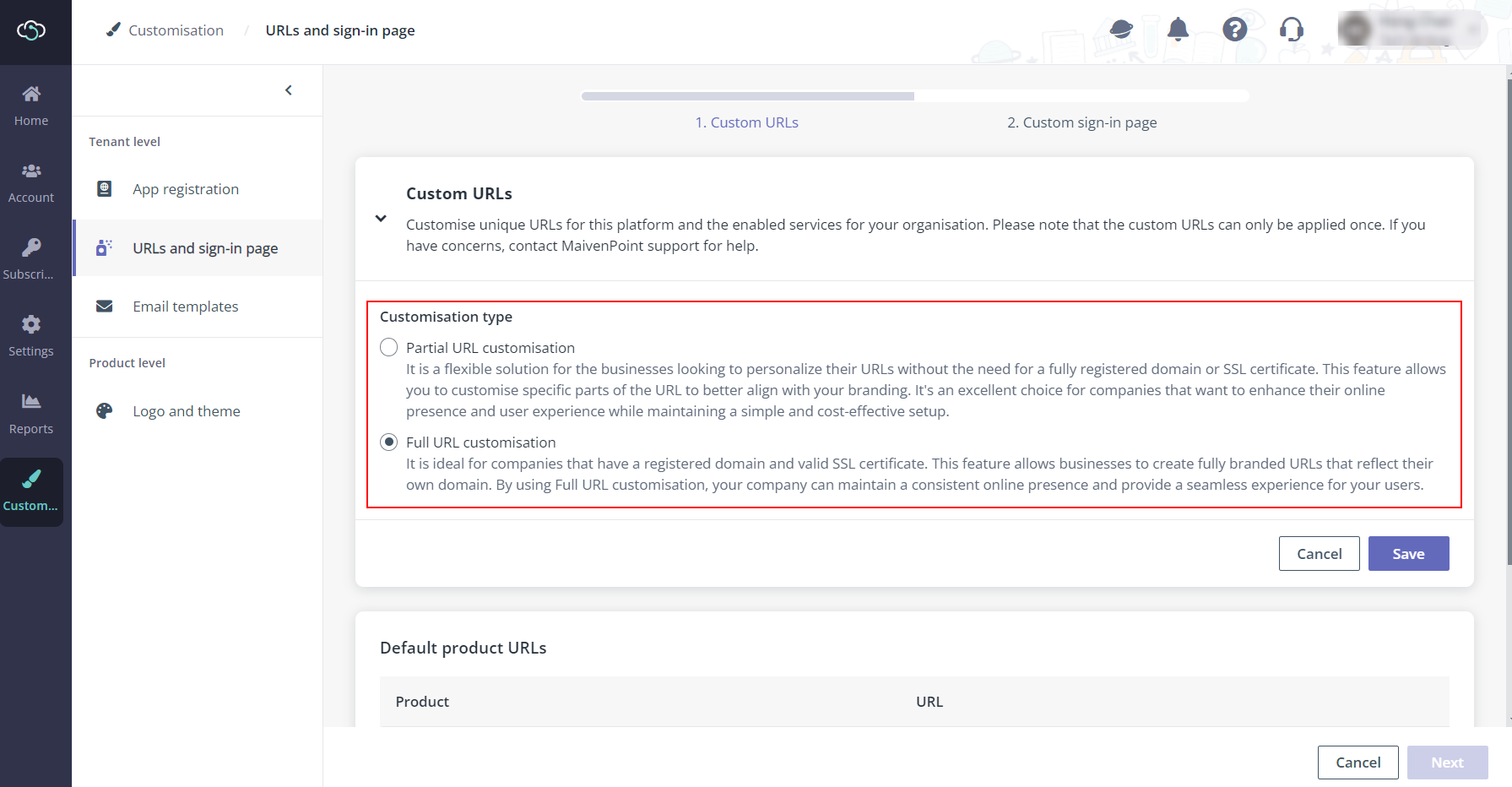 The Customisation types for access URL. 