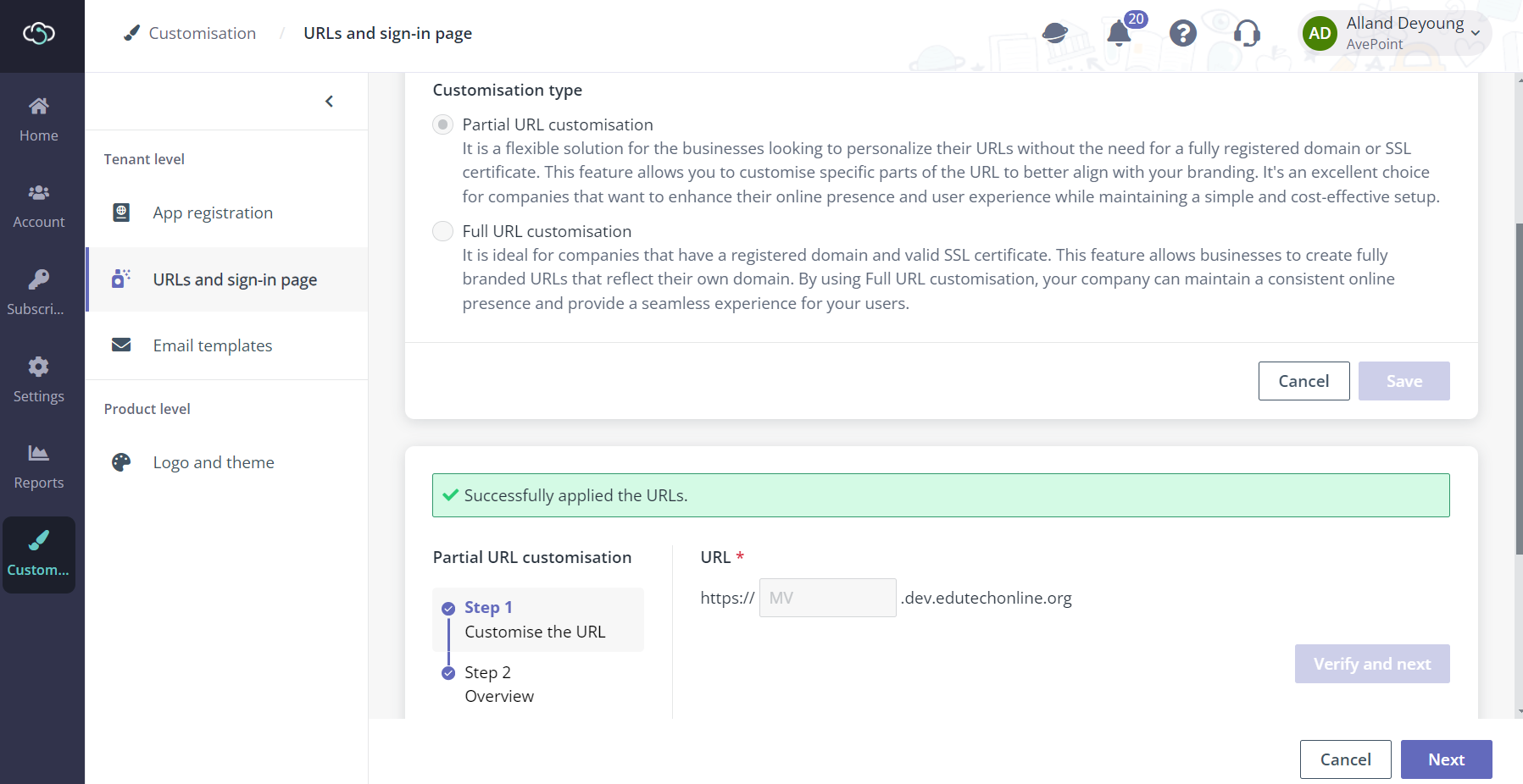 Partial URL customisation.