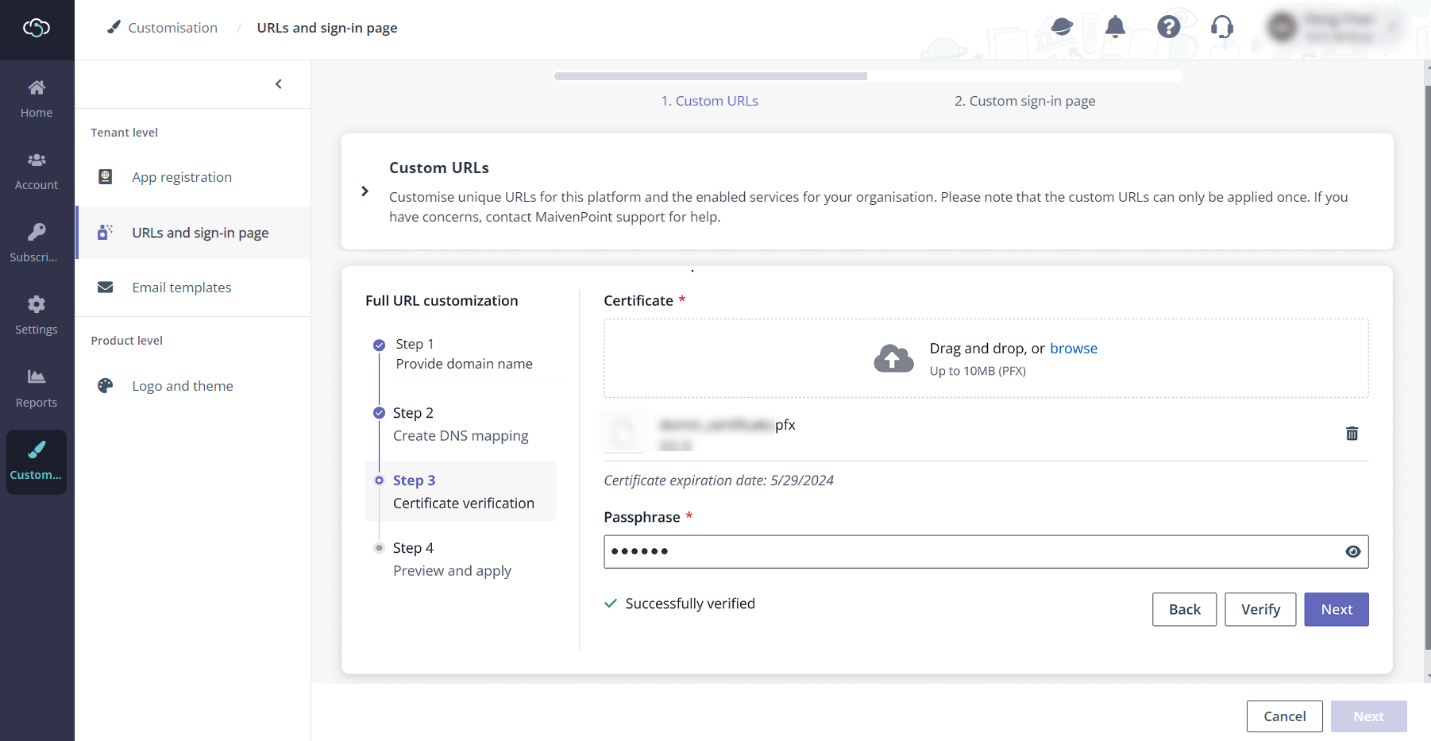 Upload certificate and provide the passphrase.