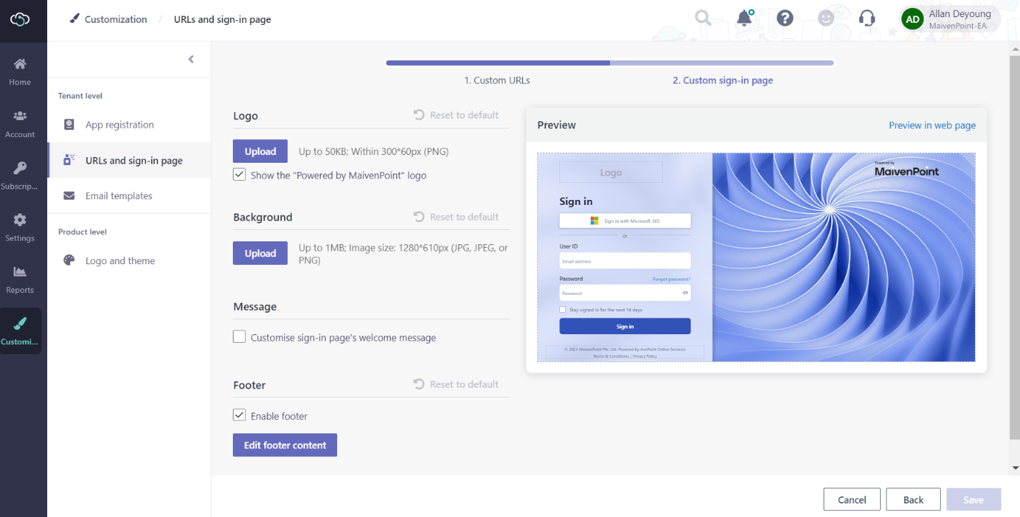 Custom sign-in page.