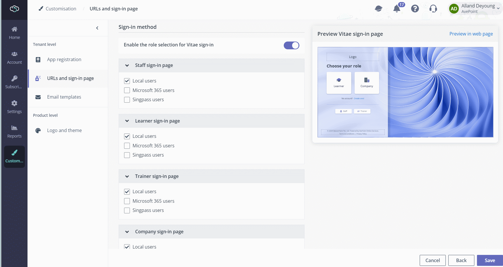 Enable the role selection for Vitae sign-in and configure the sign-in methods.