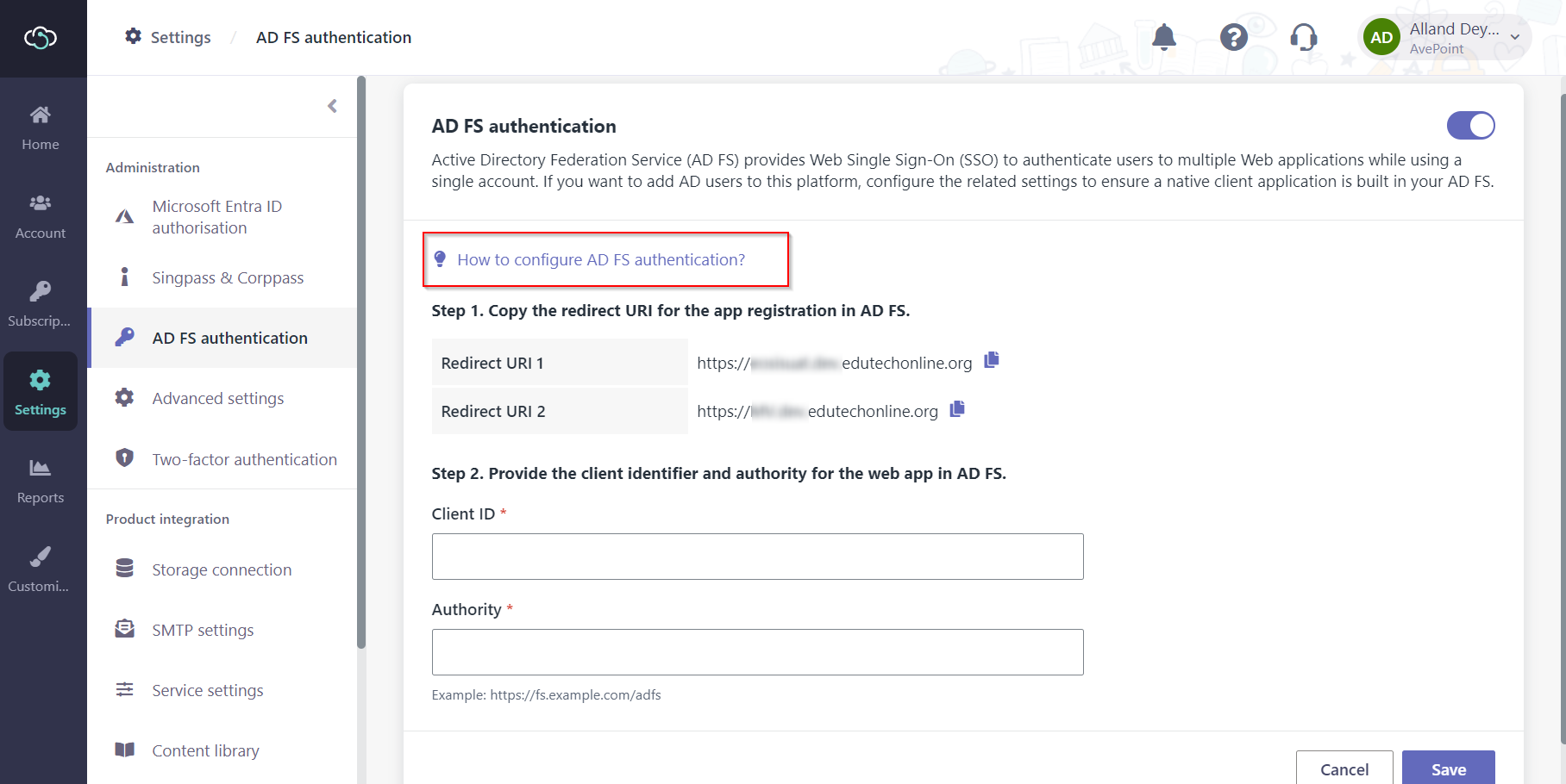 The AD FS authentication page.