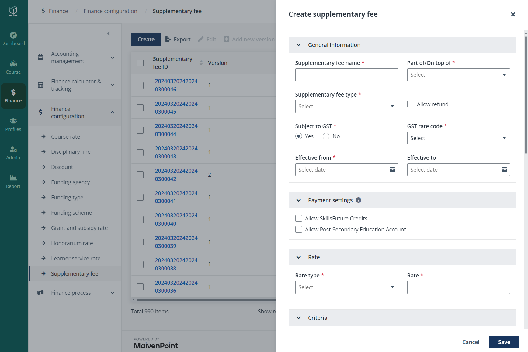 Create supplementary fee.