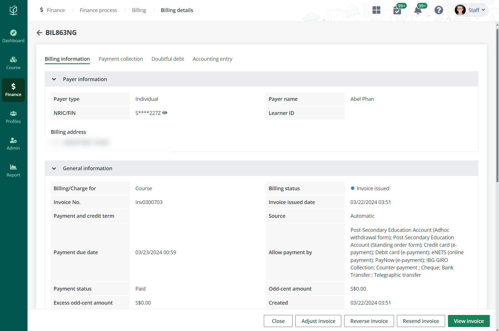 Billing details page.