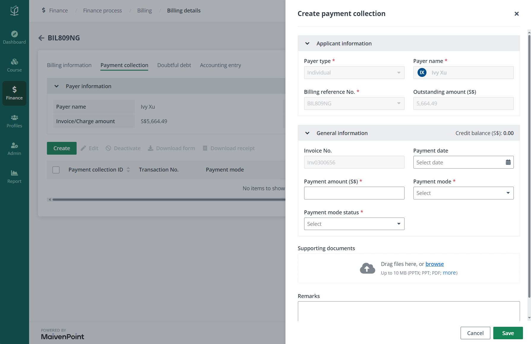 Create payment collection in billing details.
