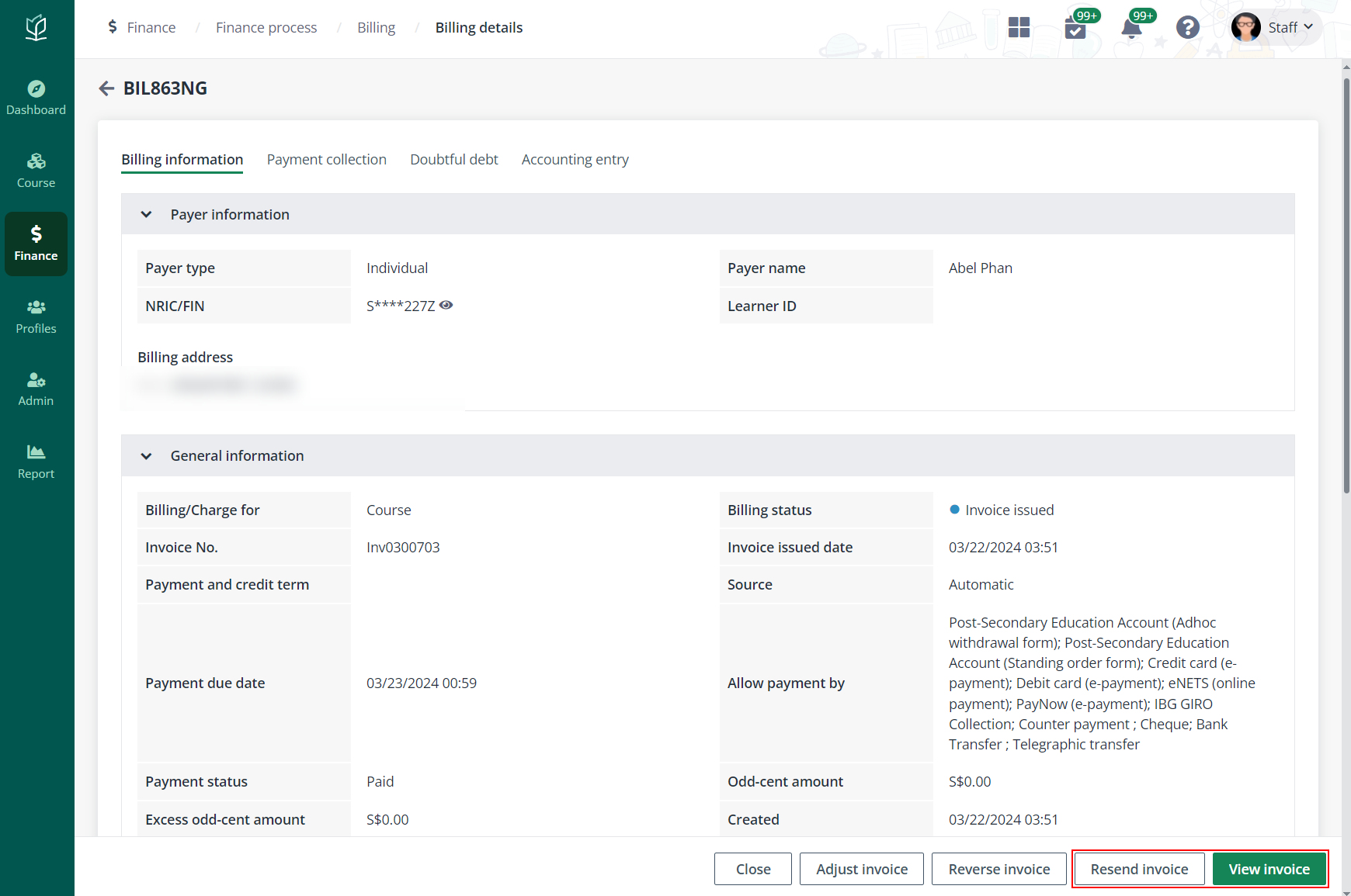 Billing details page with buttons to view and resend invoices.
