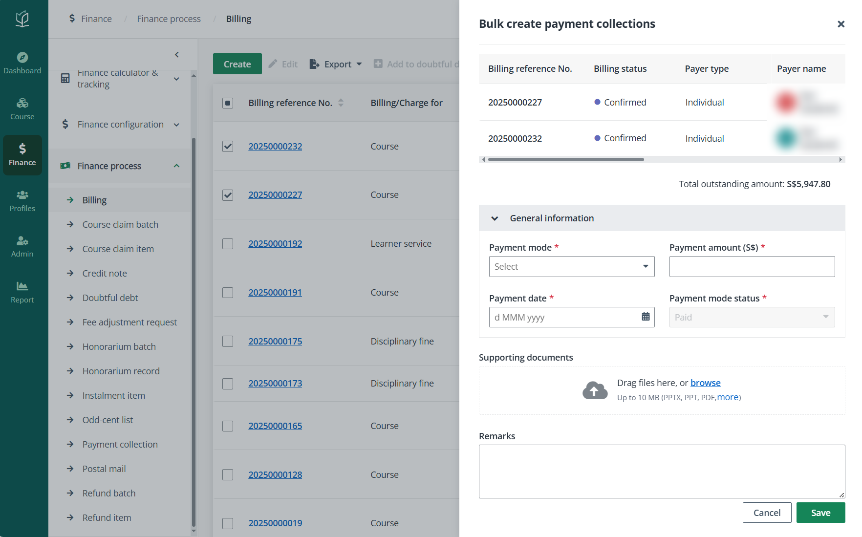 Bulk create payment collections.