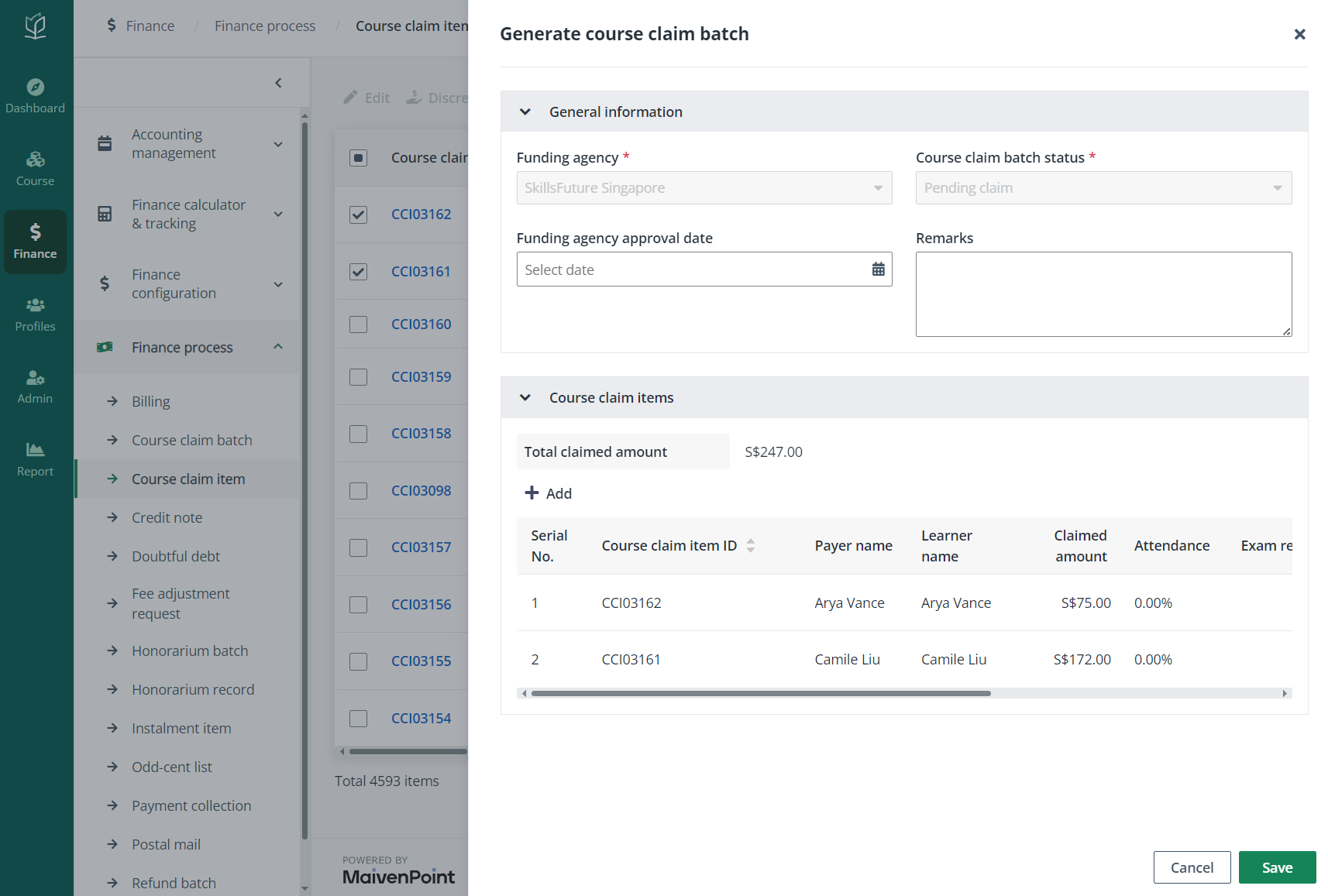 Generate course claim batch.