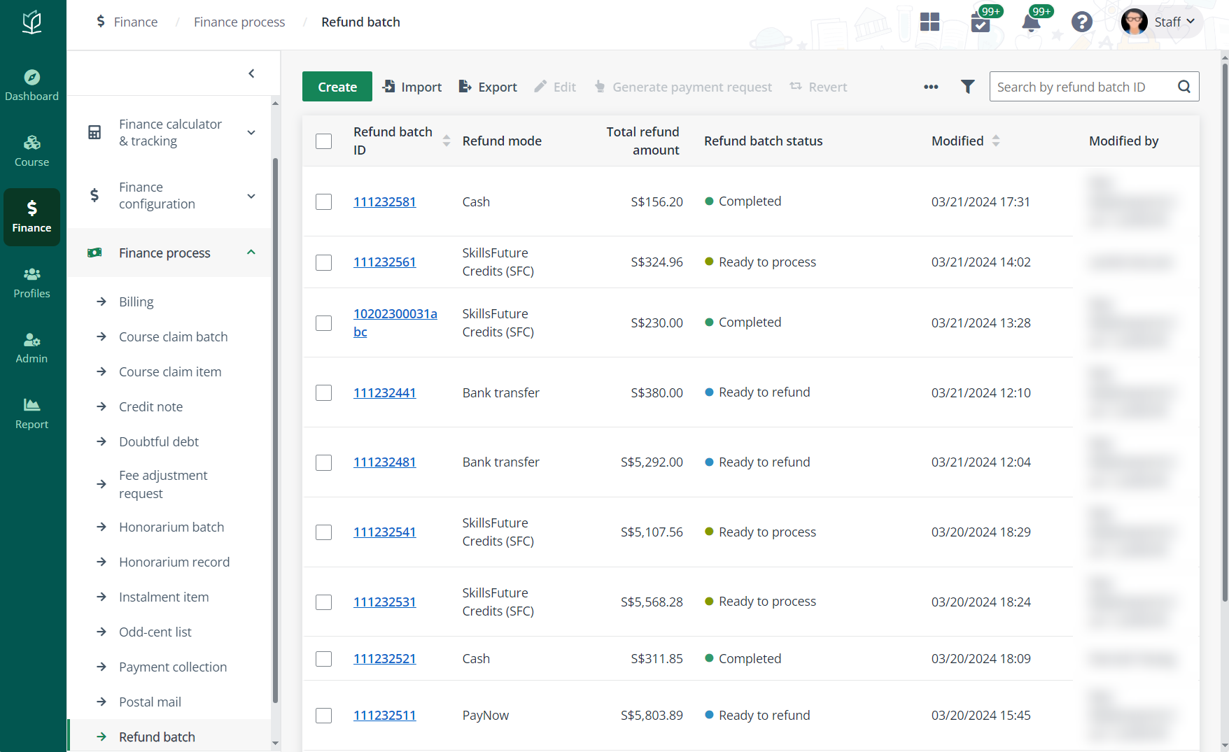 The Refund batch page.