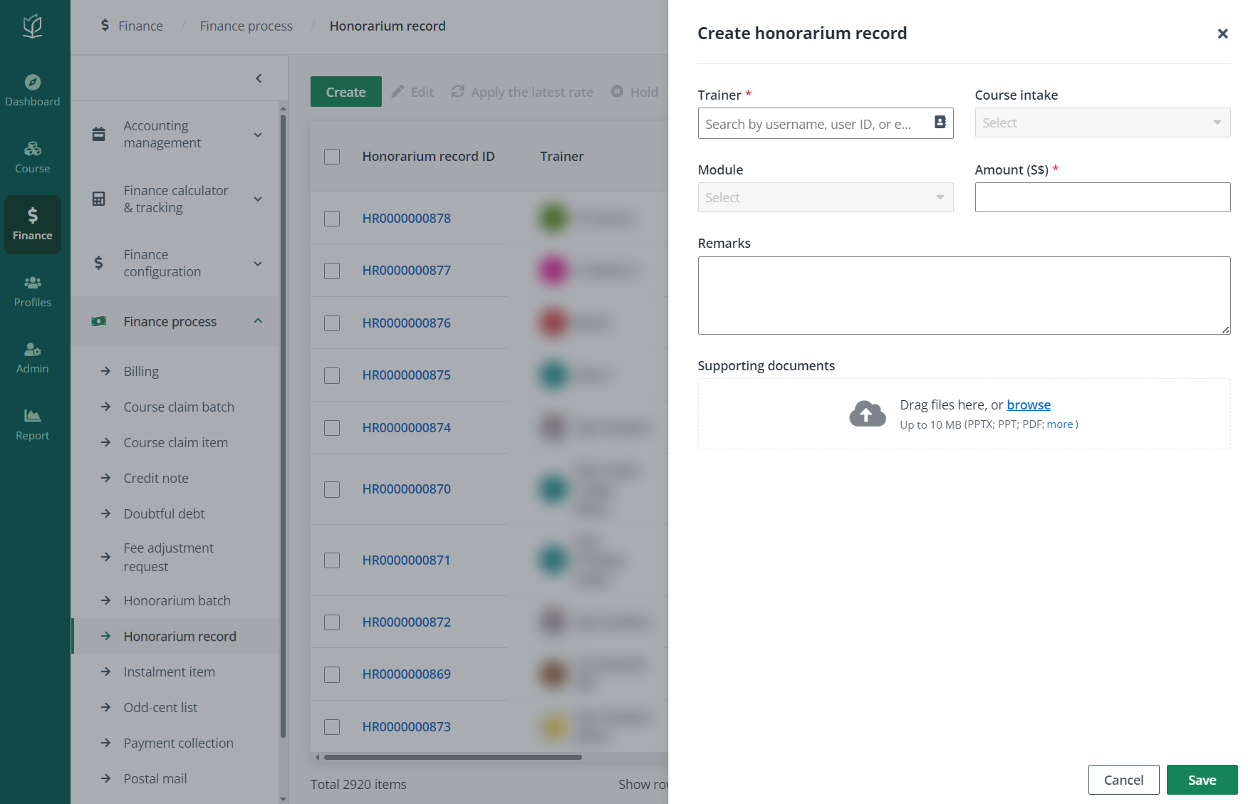 Create honorarium record.