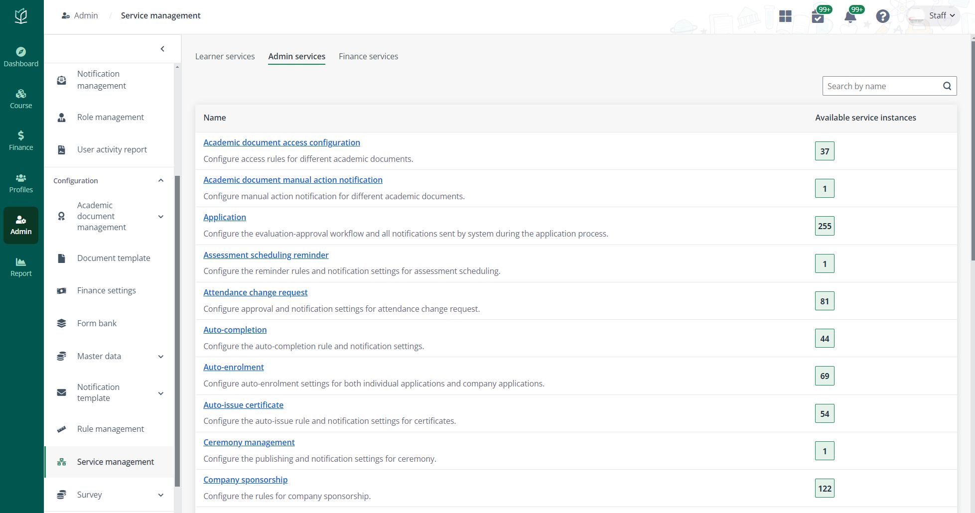 The Admin services tab.