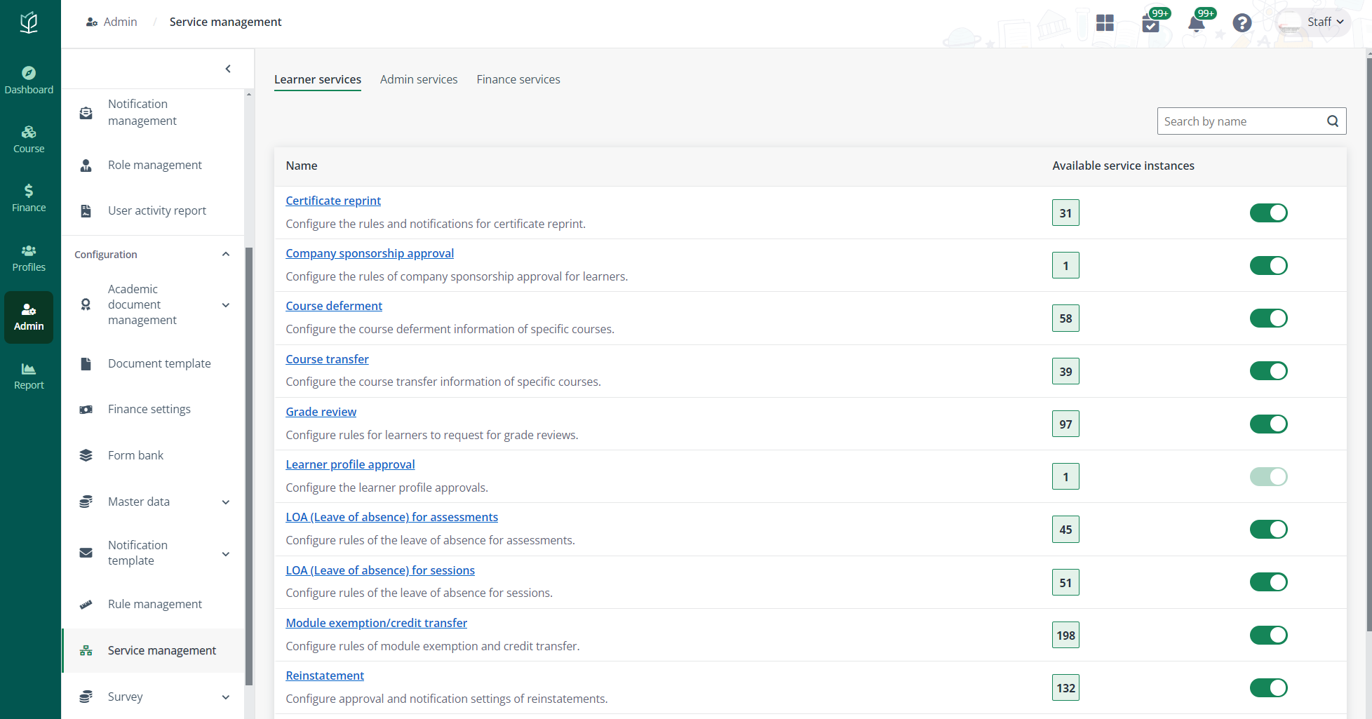 The Learner services tab.