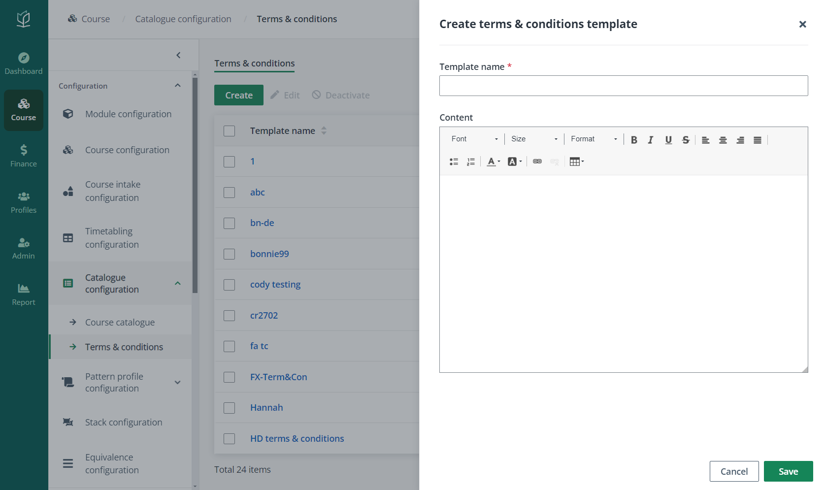 The Create terms & conditions template panel.