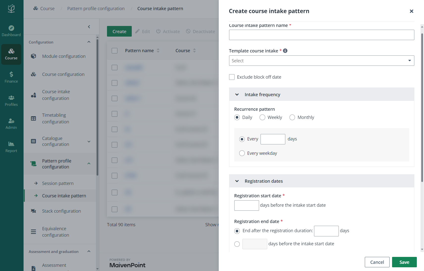 Create course intake pattern.