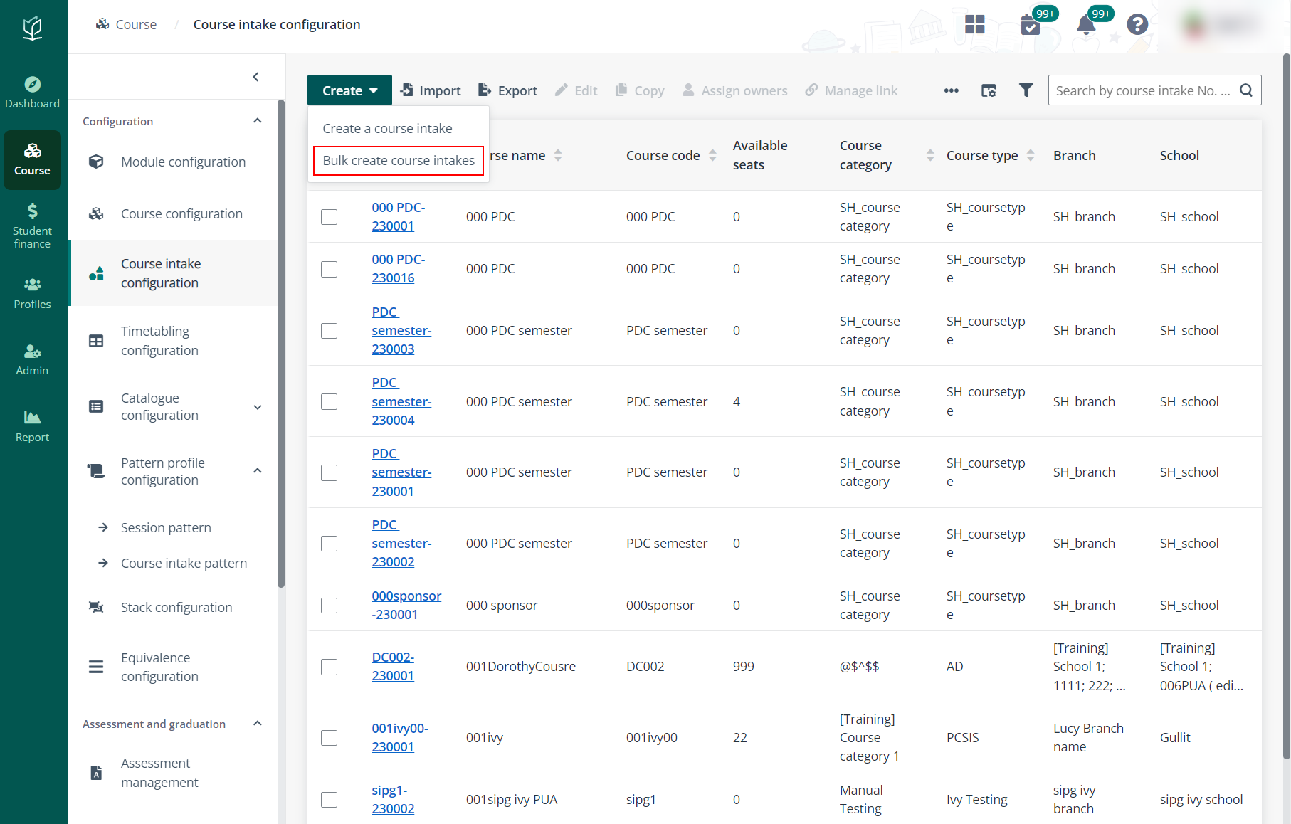 Bulk create course intakes.