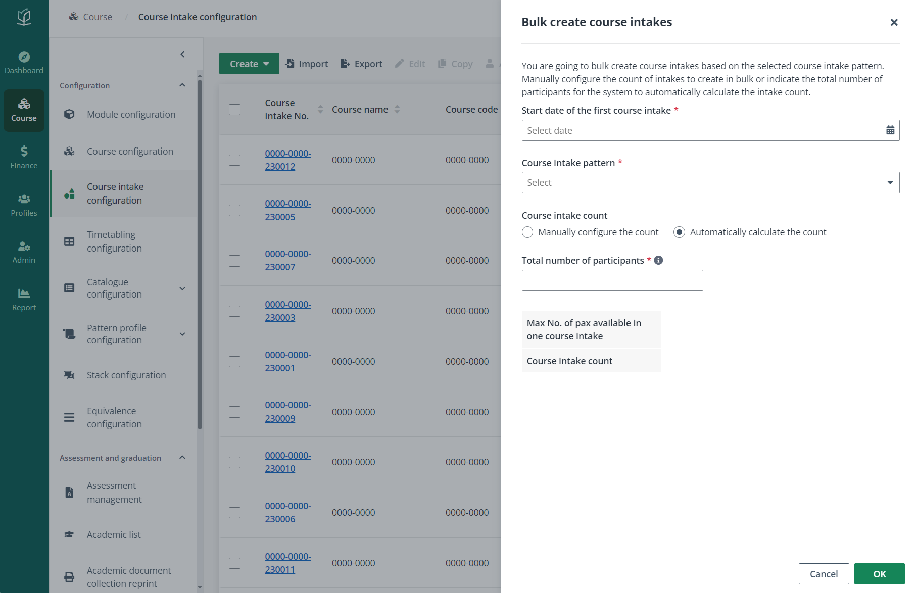 Bulk create course intakes.