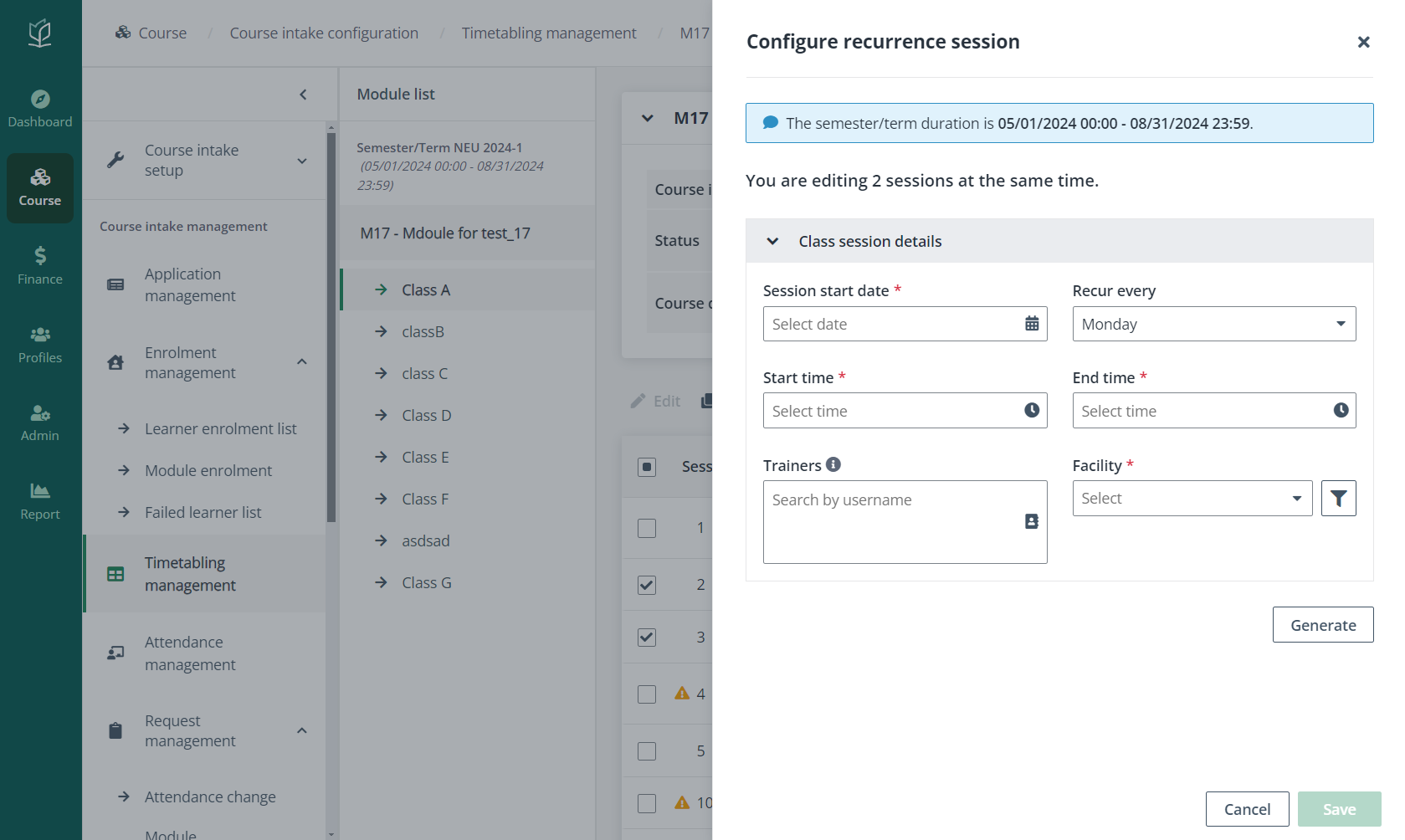 Configure recurrence sessions.