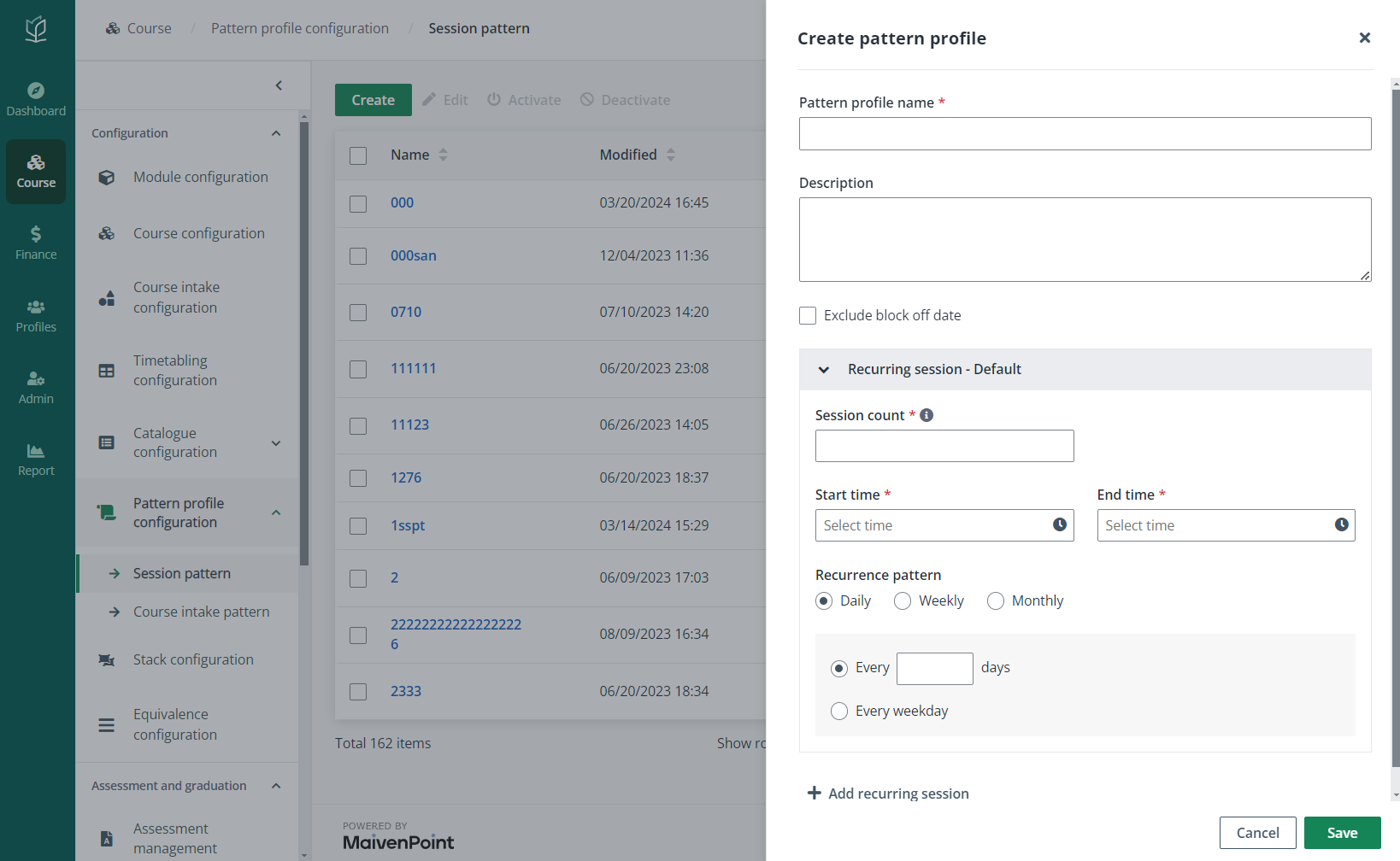The Create pattern profile panel.