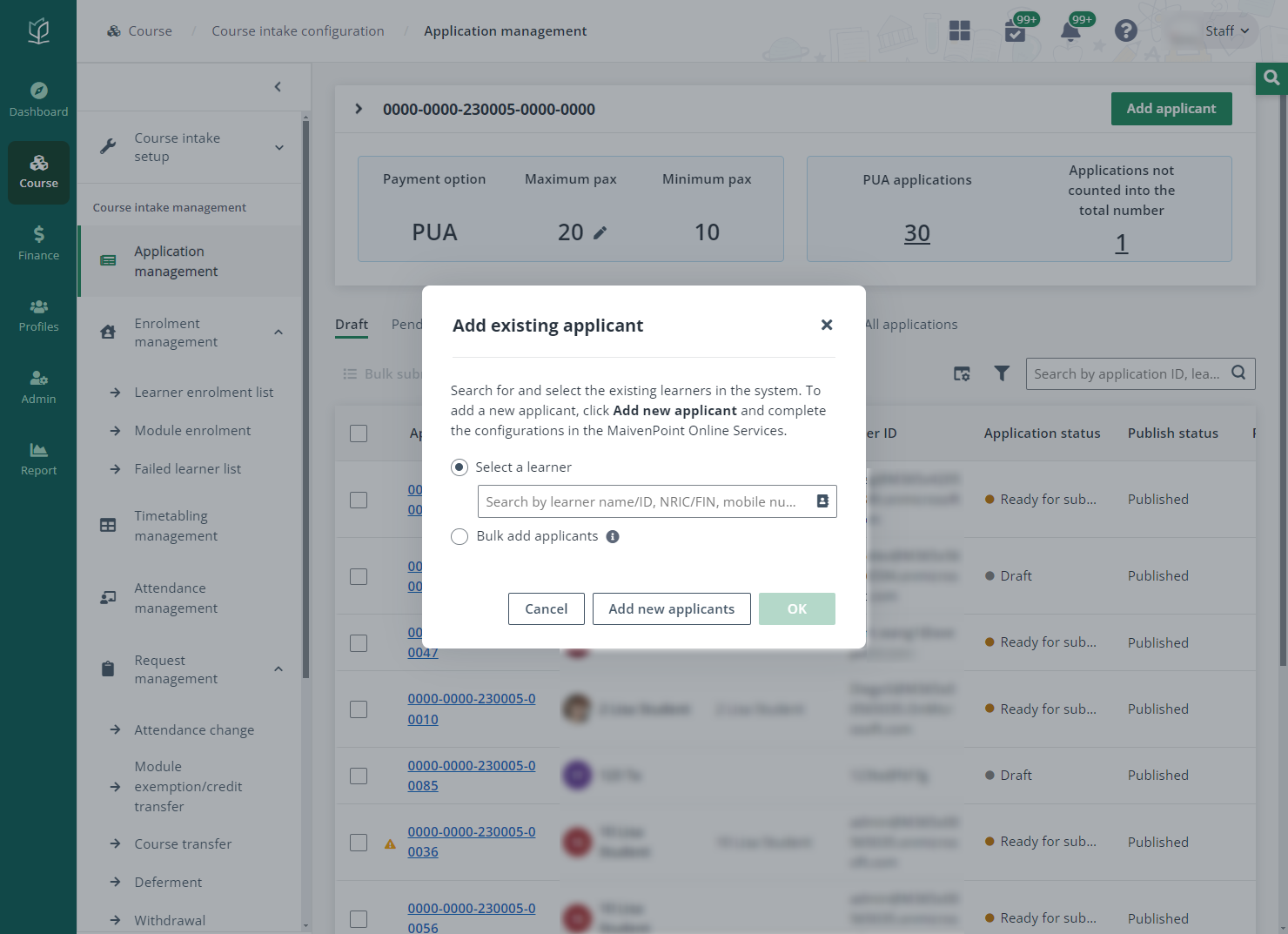 Add existing applicant.